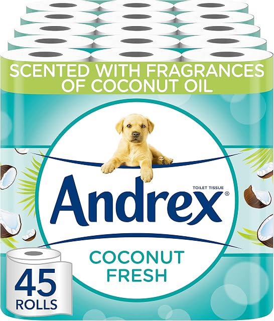 Andrex Coconut Fresh Fragrance Toilet Rolls - 45 Toilet Roll - Bulk Buy Toilet Rolls - Coconut Scented Toilet Rolls for a Fresh and Confident Clean