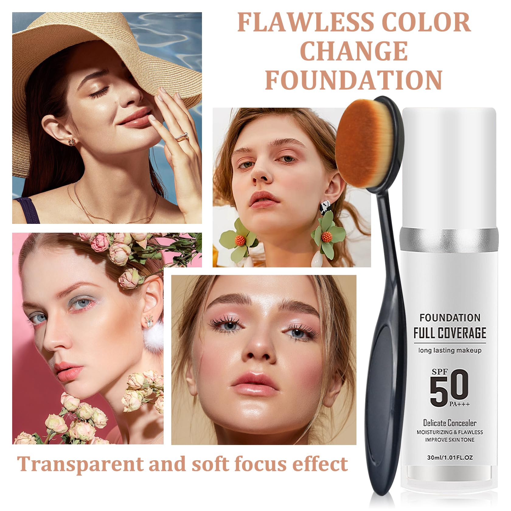 Juego de 2 bases de maquillaje que cambian de color, base de maquillaje líquido de cobertura completa con brocha, base de control de aceite hidratante que cambia de color, corrector mate impermeable 2