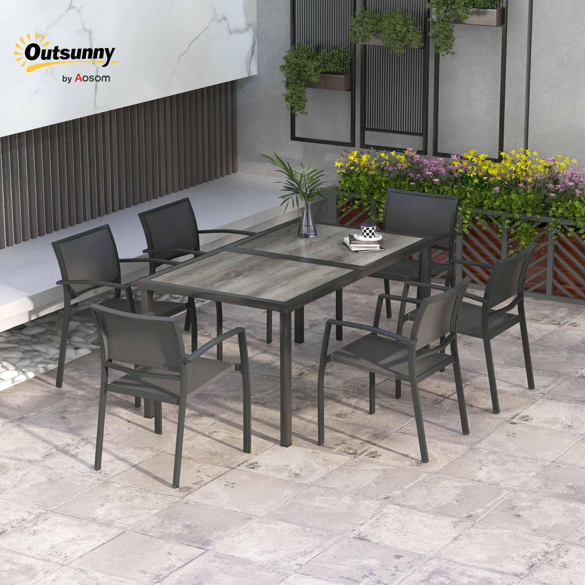 Outsunny Set Tavolo da Giardino con Sedie da 7 Pezzi Set da Pranzo Grigio | Tavolo con Piano in Plastica Effetto Legno, 6 Sedie da Esterno Impilabili con Braccioli, Mobili in Acciaio