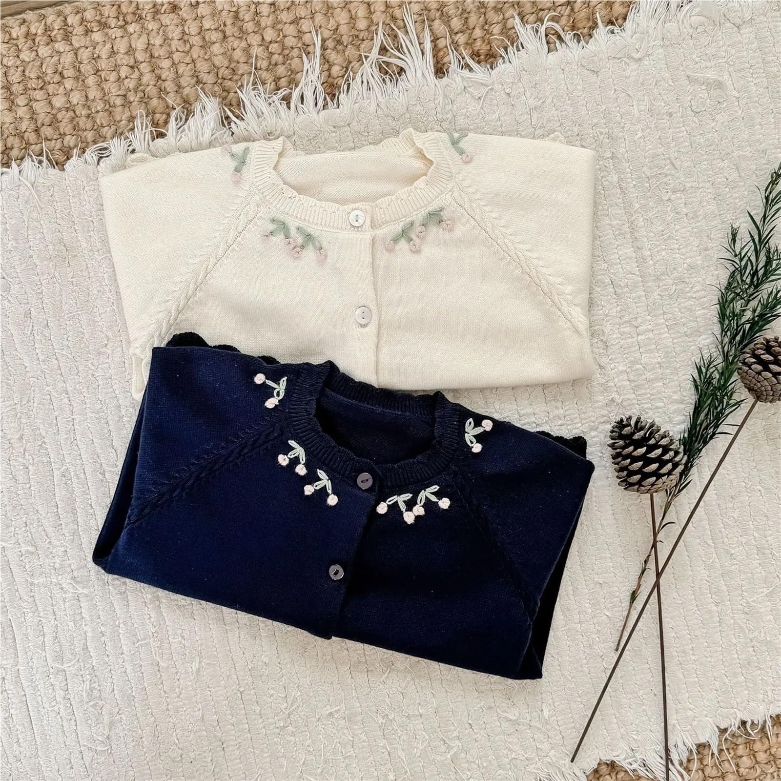 Cárdigan de Punto for niñas de otoño, Abrigo Tipo suéter de algodón Bordado Hecho a Mano, Estilo japonés, 1-6 años(Beige,8T (150))