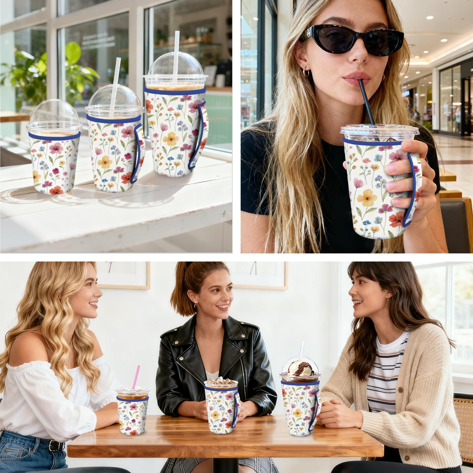 MAYJOYDIY Manchon Isotherme en Néoprène pour Tasse à Café Glacé Motif Floral Bohème Fleurs et Feuilles Colorées Compatible avec les Boissons Chaudes et Froides de 16-32oz