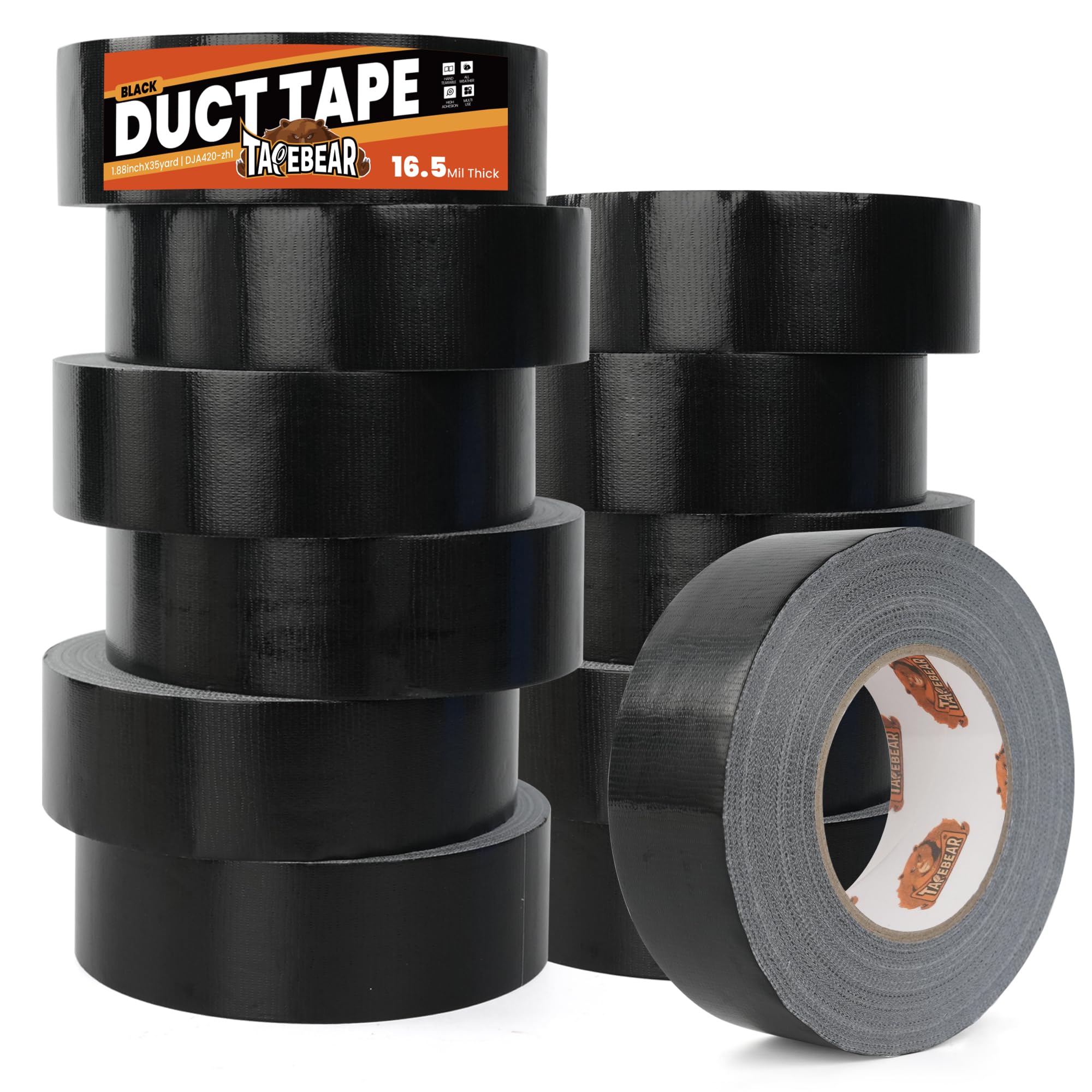 TAPEBEAR Panzertape Schwarz 32m x 48mm, 16.5mil Super Starkes Gewebeband | UV Beständig, Wasserdichtes Reparaturband Mehrzweck Witterungsbeständig Gewebeklebeband für Innen und Außen, 12 Rollen