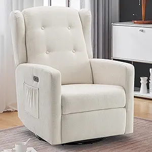 Power Swivel Rocking Recliner Chair with USB & Type-C Ports, Upholstered Fabric, High Back, Electric Adjustment, Beige