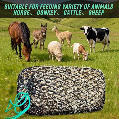 Miniatura 7 de Redes de heno cuadradas para caballos, red de alimentación lenta de polietileno premium con agujero de 1.6 pulgadas, adecuada para balas de heno de