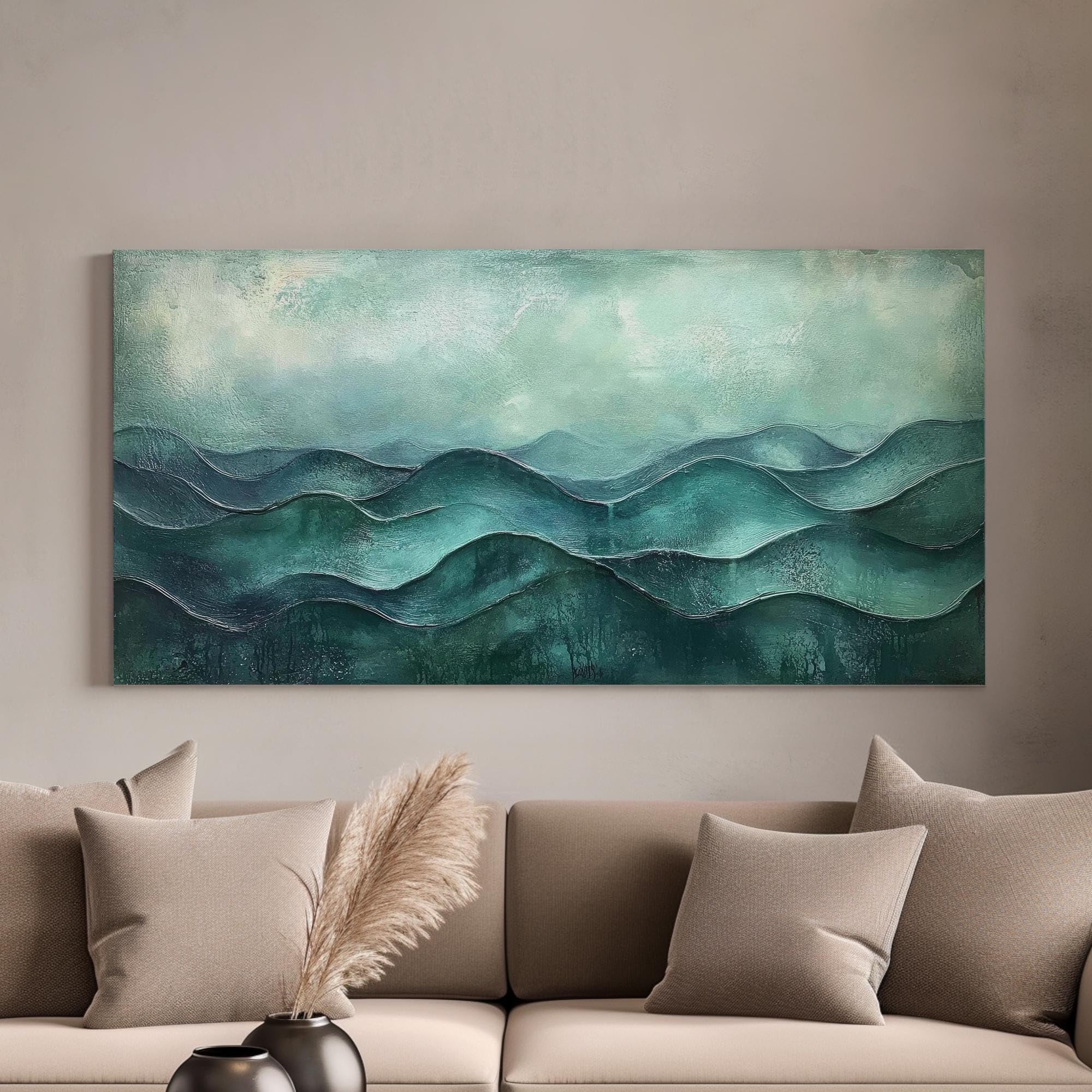 lianyibo Obraz na płótnie, spokojny, morski krajobraz, jadeit zielony, format poziomy, plakat do dekoracji salonu i sypialni (90 x 180 cm/rama wewnętrzna)
