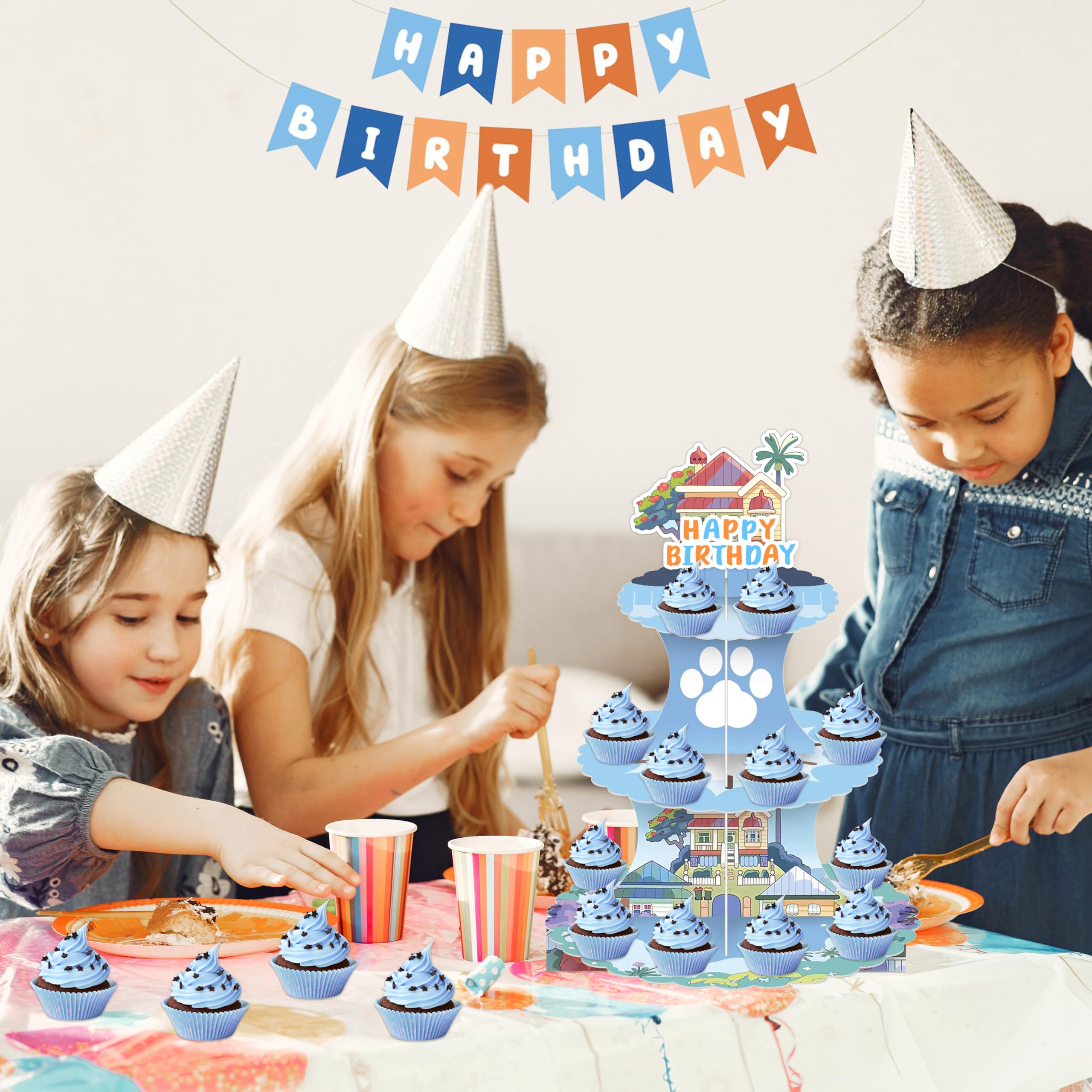 Blue Dog Birthday Party Decorations, 3 Tier Cartoon Blue Dog Theme Cupcake Stand Baby Shower Cake Dessert Table Display Cupcake Holder for Kids Girls Boys Birthday Party Decorations Supplies