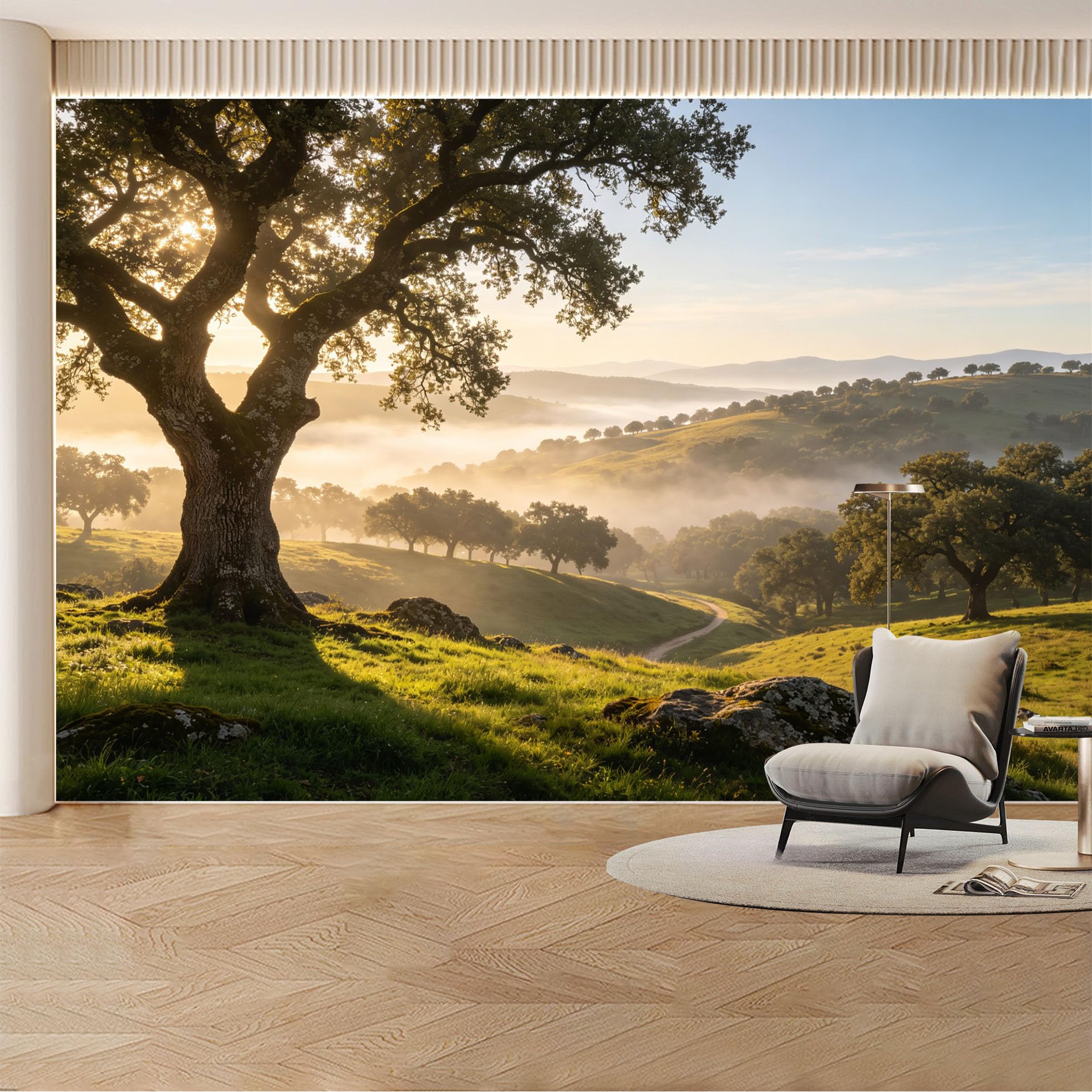 Custom Wall Mural Wallpaper Oak Tree Meadow Landscape Nature Large Wall Art Mural Design Misty Sunset Rustic Removable SelfAdhesive Large Photo for Living Room， Bedroom， Office