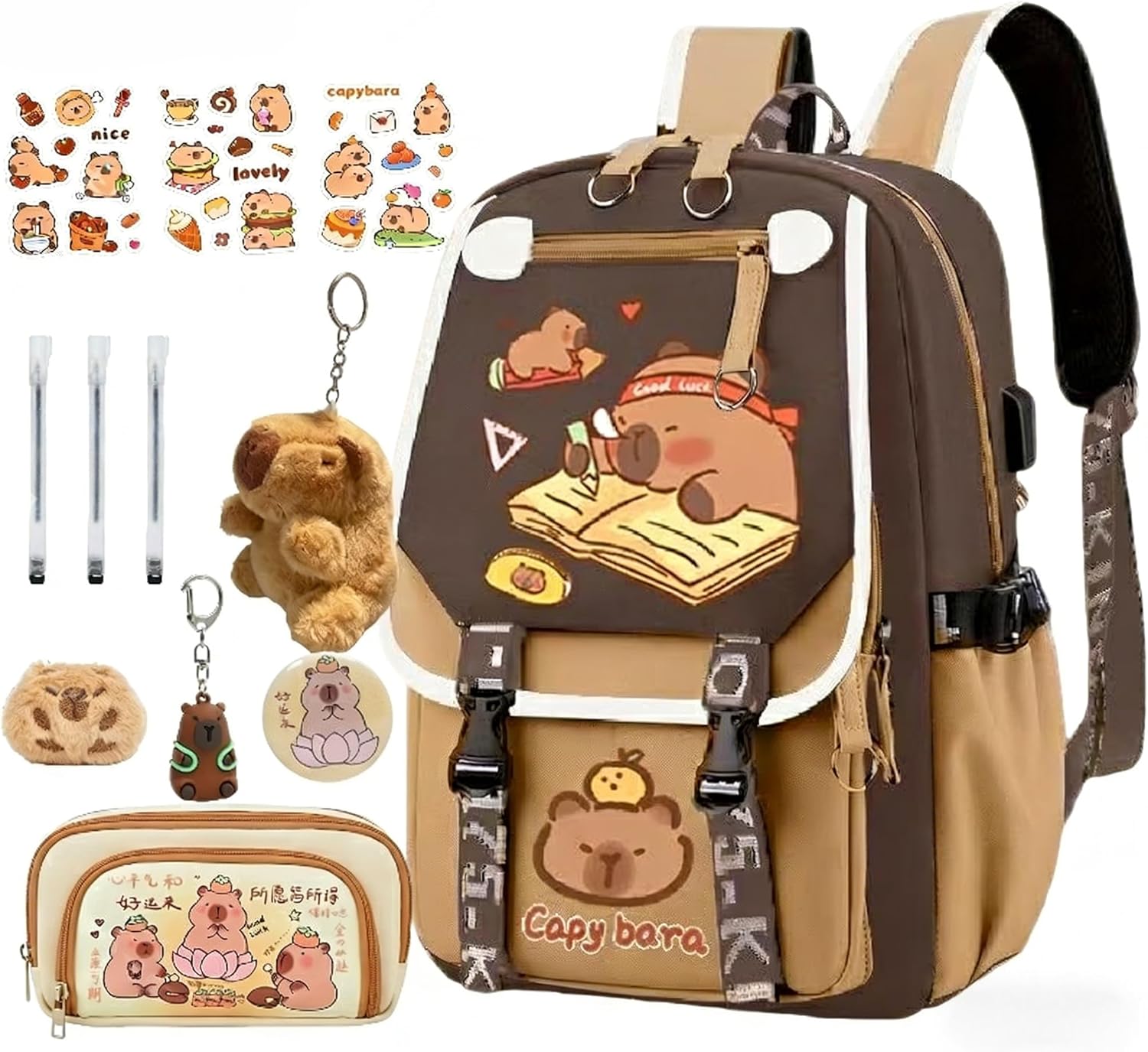 Kapibara Capybara Cartoon Backpack Gift Large Capacity Waterproof Kapibara stuff kawaii backpack with pins and Accessories (Pattern 2)