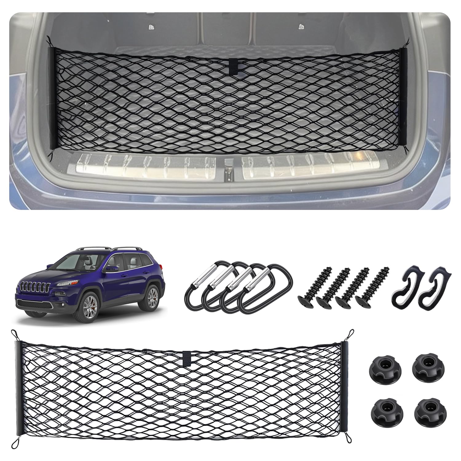 Envelope Style Cargo Net for 2014-2022 2023 Jeep Cherokee Accessories, Rear Trunk SUV Mesh Cargo Net, Upgraded 5mm Bungee &amp; Double-Layer Nylon Storage Tailgate Netting Grocery&amp;Tools Holder Organizer