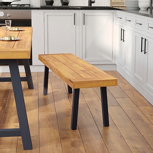 BizChair Banco de madera de acacia maciza, parte superior de listones con acabado natural, patas de madera acampanadas negras, 500 libras. Capacidad disponible en Yaxa Venezuela