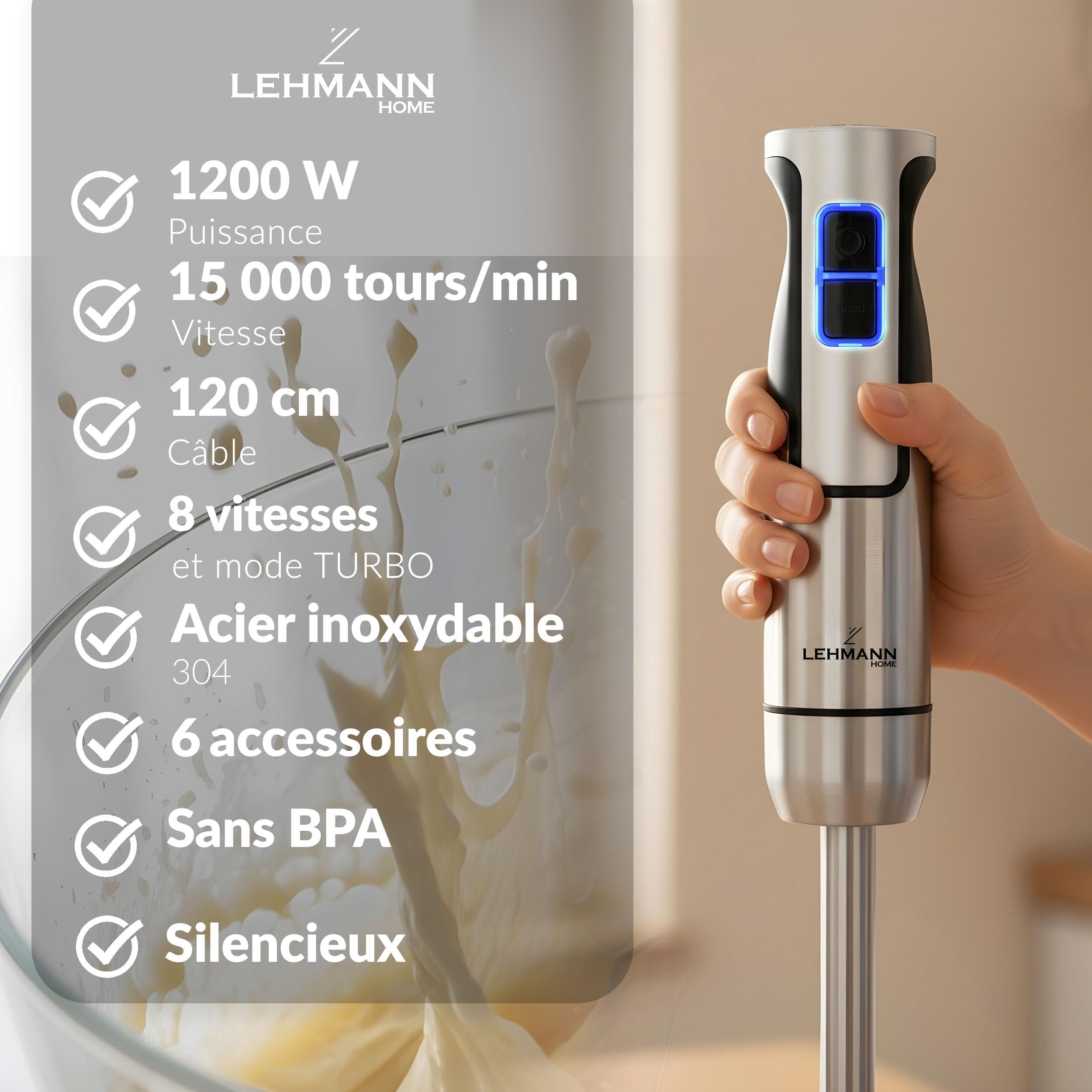 LEHMANN Chowmei 5-en-1 Mixeur Plongeant 1200 W, Réglage de vitesse à 8 niveaux, Fonction Turbo, Mixeur Multifonction avec 6 accessoires - Batteur, Fouet, Hachoir 600 ml, Verre Doseur 860 ml