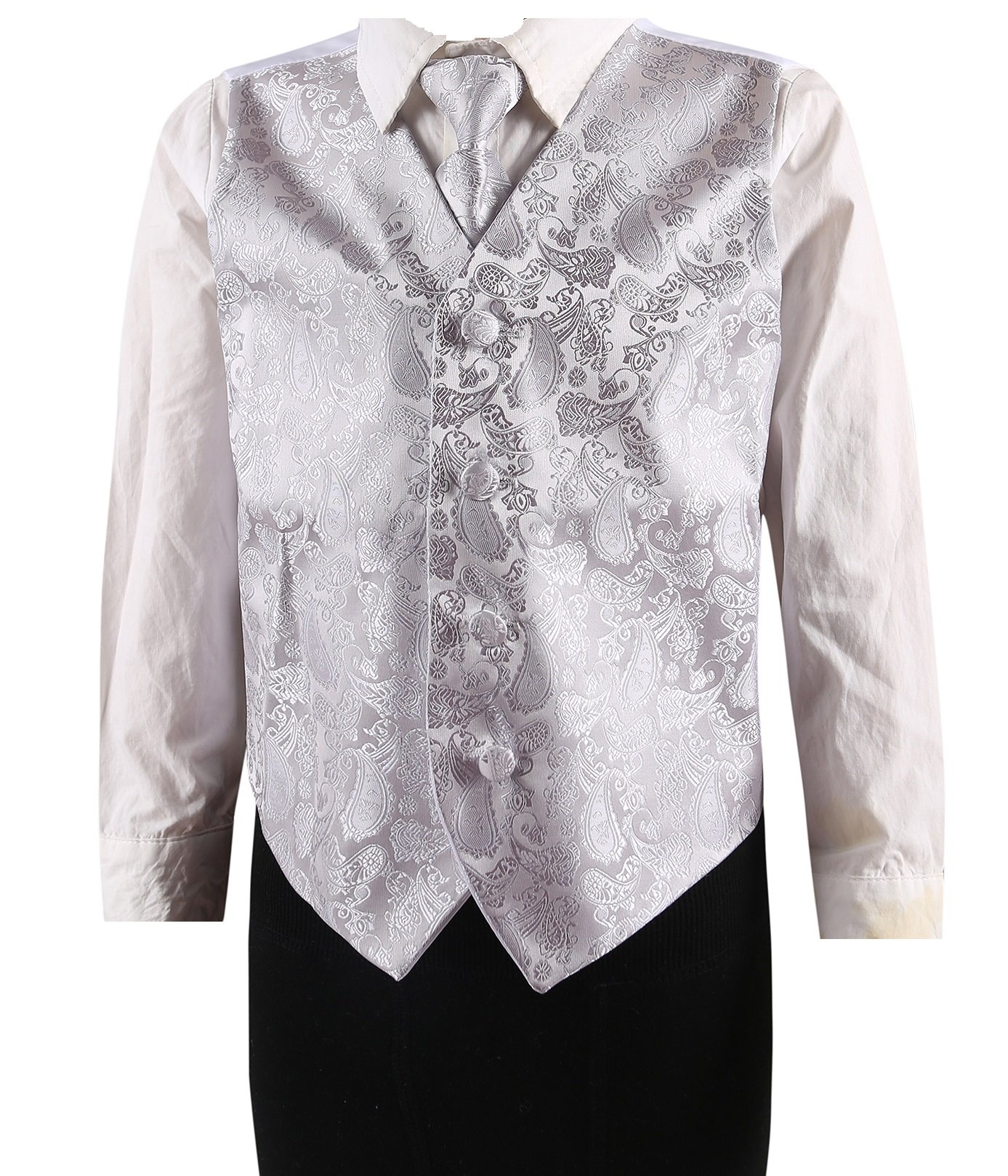 L&L® Kid Children Boy Paisley Design Waistcoat Vest and Tie Handkerchief Set for Suit (13-15 Years Old, Silver)