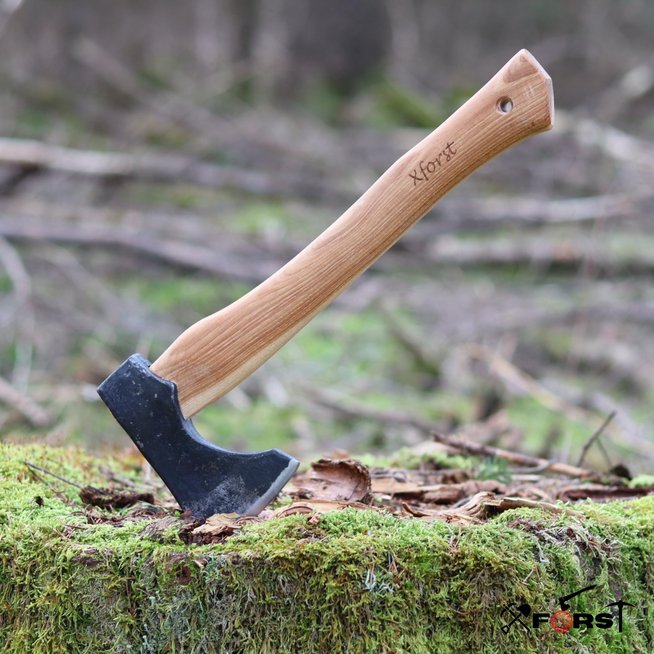 Xforst Hacha, Hachuela con vaina de cuero de acero al carbono forjado afilada, Hacha de mano de supervivencia - Modelo Vikingo X-TA5B