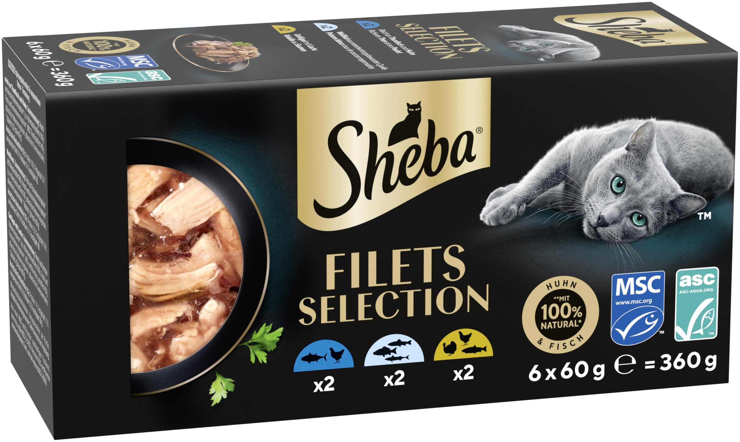Sheba Filets Adult Katzenfutter in Sauce mit Huhn und Thunfisch, Weißfisch, Geflügel und Lachs 36 x 60 g Schale