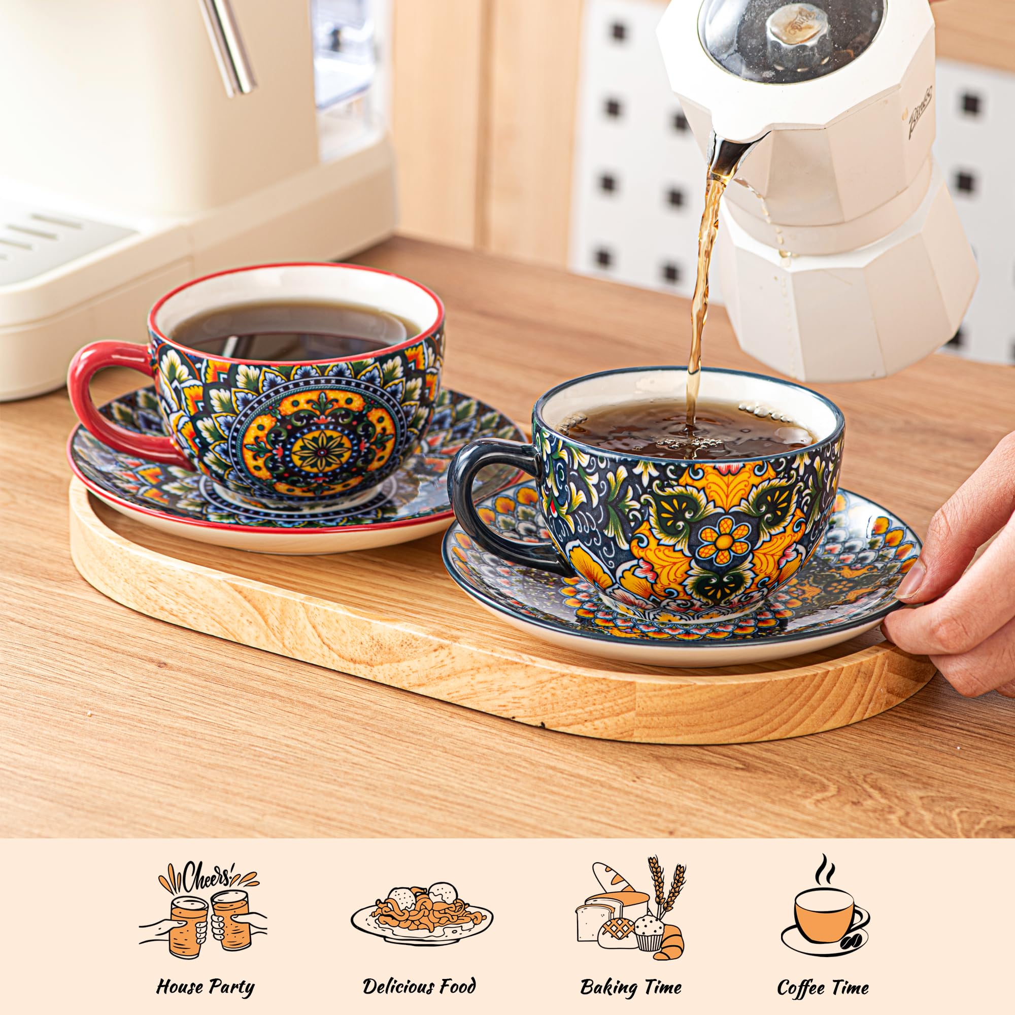 Amazon.com | Henten Home Ceramic 8.5 oz Tea Cup Set, Latte Cup