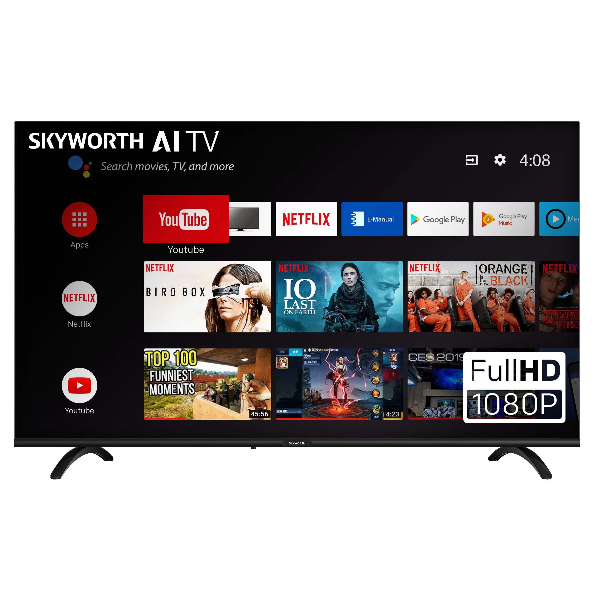 SKYWORTH E20300 40" INCH 1080P LED A53 Quad-CORE Android TV Smart 40E20300 with Voice Control Smart Remote, 1mm Thin Bezel, and Android Operating System