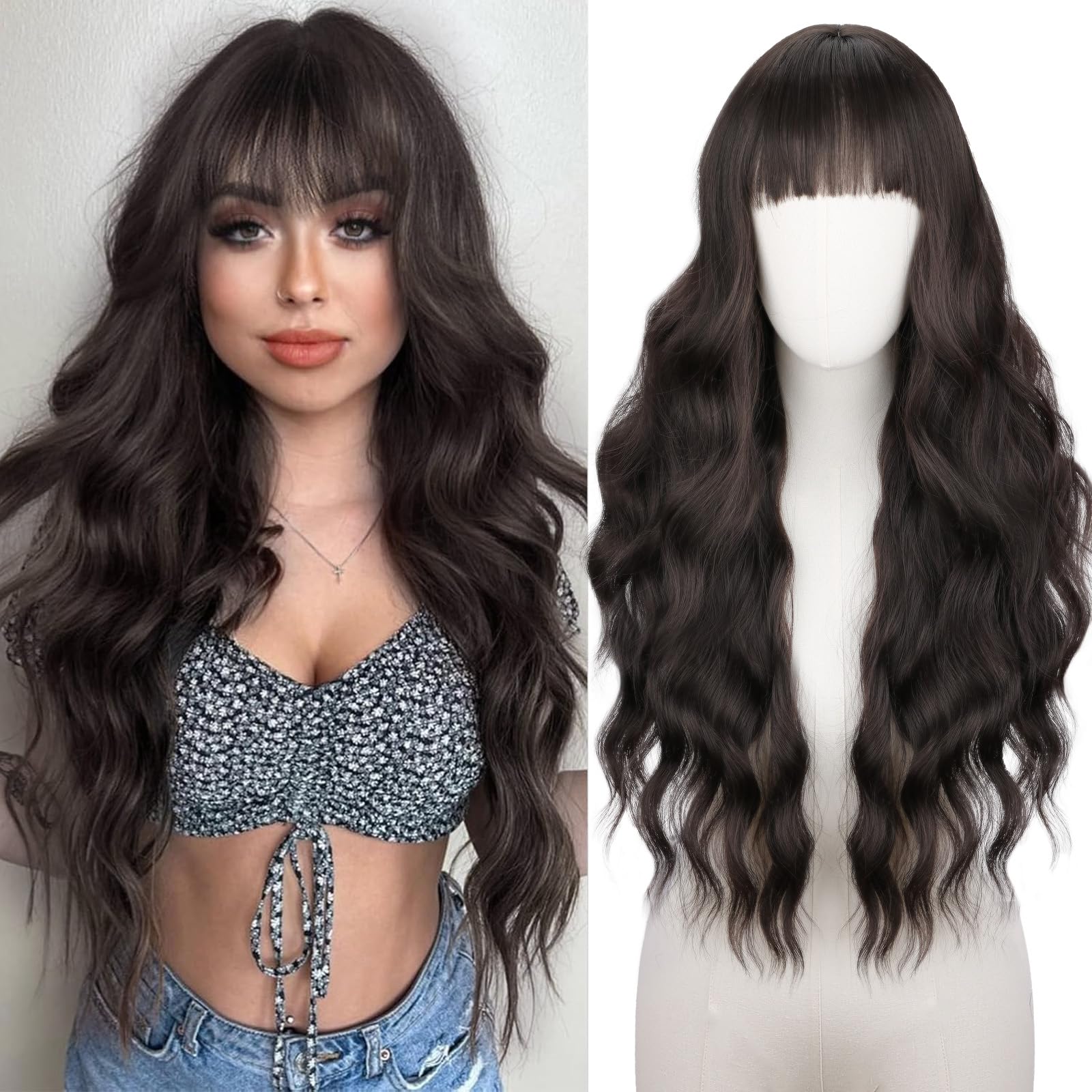 NOSTALGIA Brown Wig With Bangs Long Wavy Wig for Women Synthetic Curly Wavy Wig Natural Looking Hair Replacement wigs for Daily Party Use