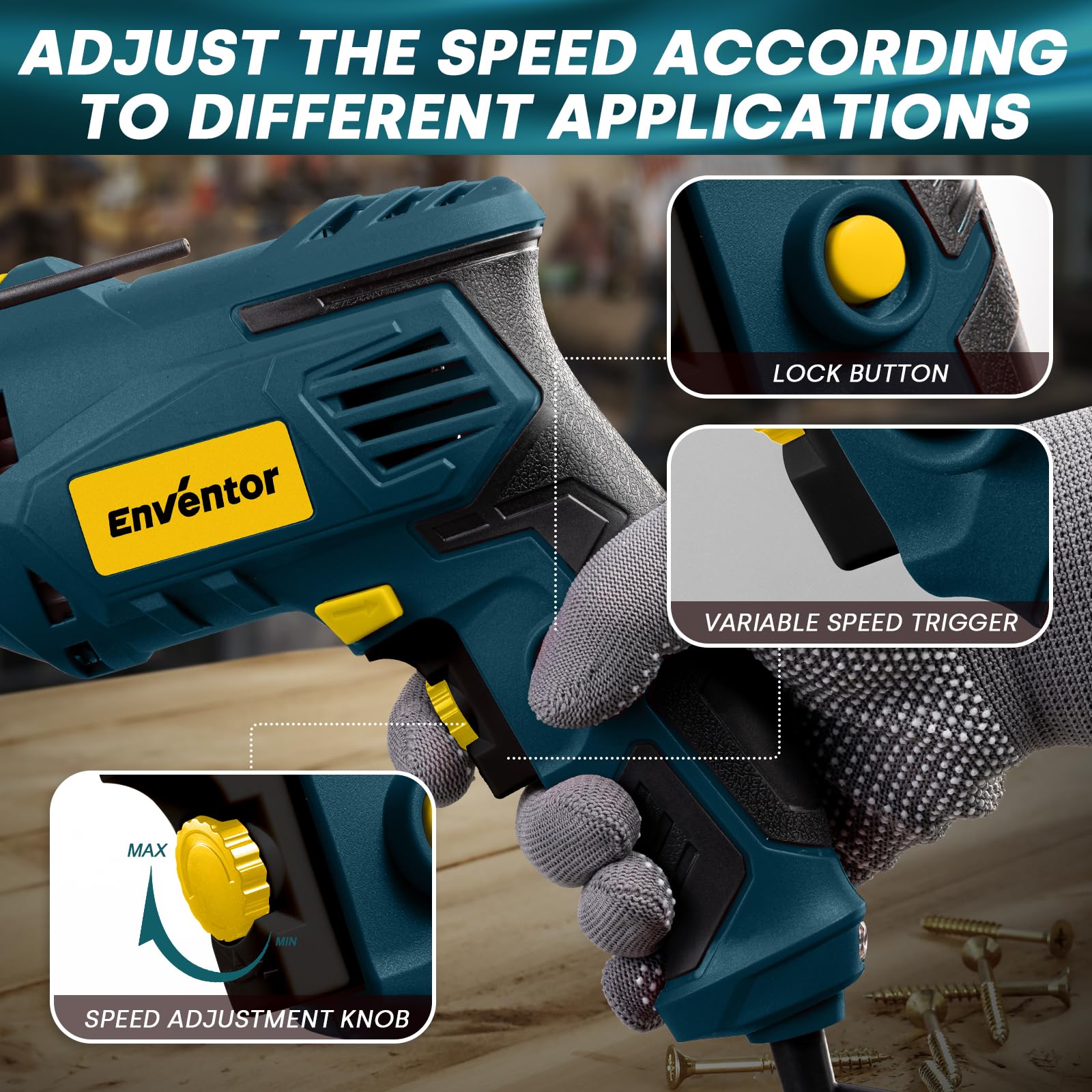 Enventor 7.5 Amp Hammer Drill, 1/2 Inch Electric Drill Hammer, 900W 0-3000RPM Variable Speed, 360° Auxiliary Handle, Lightweight Corded Hammer & Drill 2 in 1 with 9pcs Bit for Metal, Wood, Blue