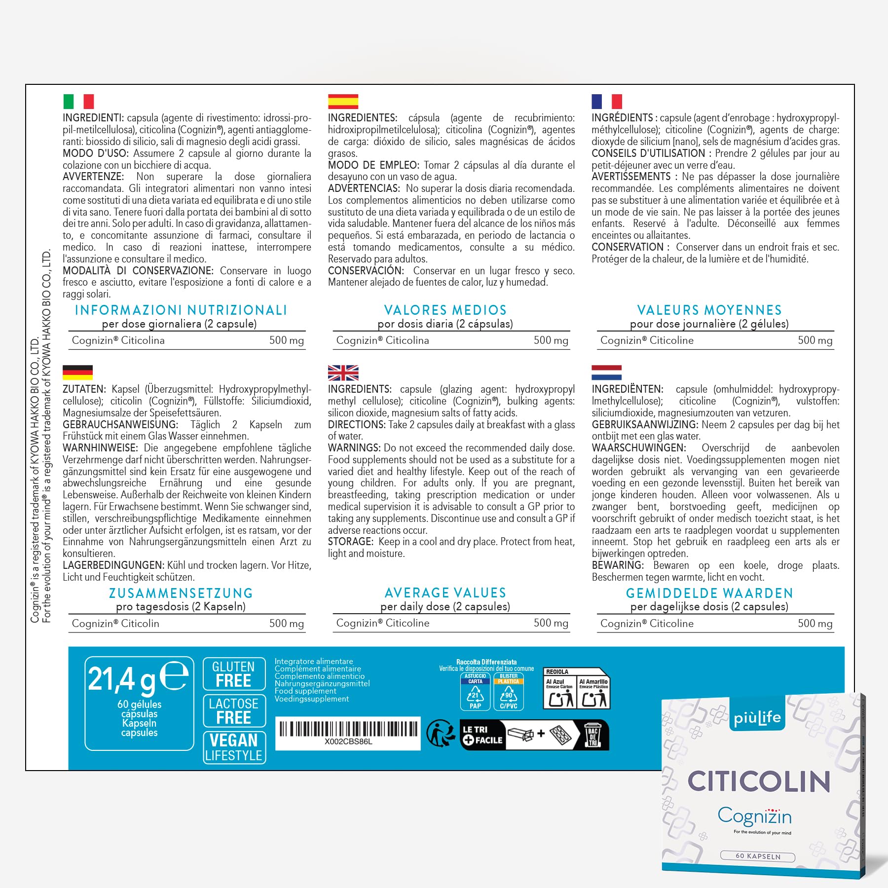 Citicolin Cognizin 500 mg PiùLife CDP Cholin – 60 Kapseln | Nahrungsergänzung für Gedächtnis & Konzentration, Vorstufe von Phosphatidylcholin & Acetylcholin, Gluten- & Laktosefrei