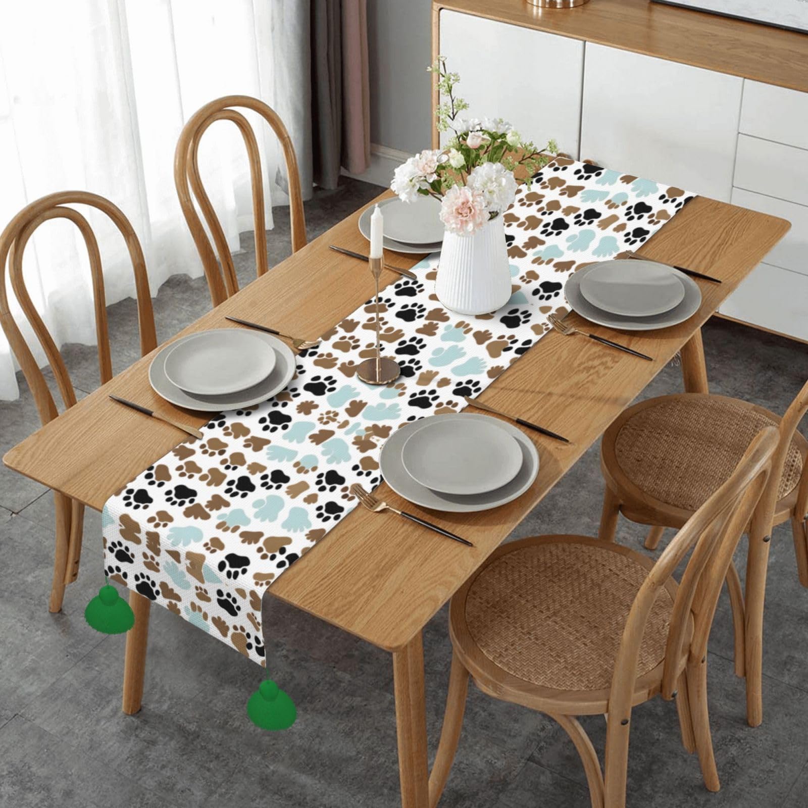 Chemin de table rustique à empreintes de pattes pour repas en famille et Noël