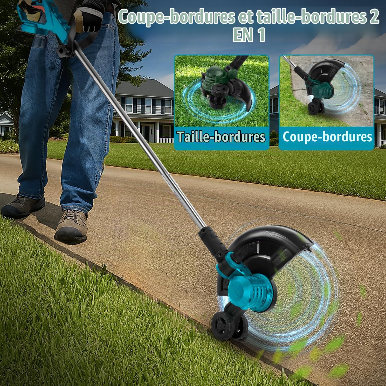 Tondeuse Électrique sans Fil avec 8 Têtes Interchangeables + 2 Batteries 2600 mAh, Réglage 5 Vitesses, Débroussailleuse, Désherbeur, Coupe-Bordure et Tonte pour Jardin