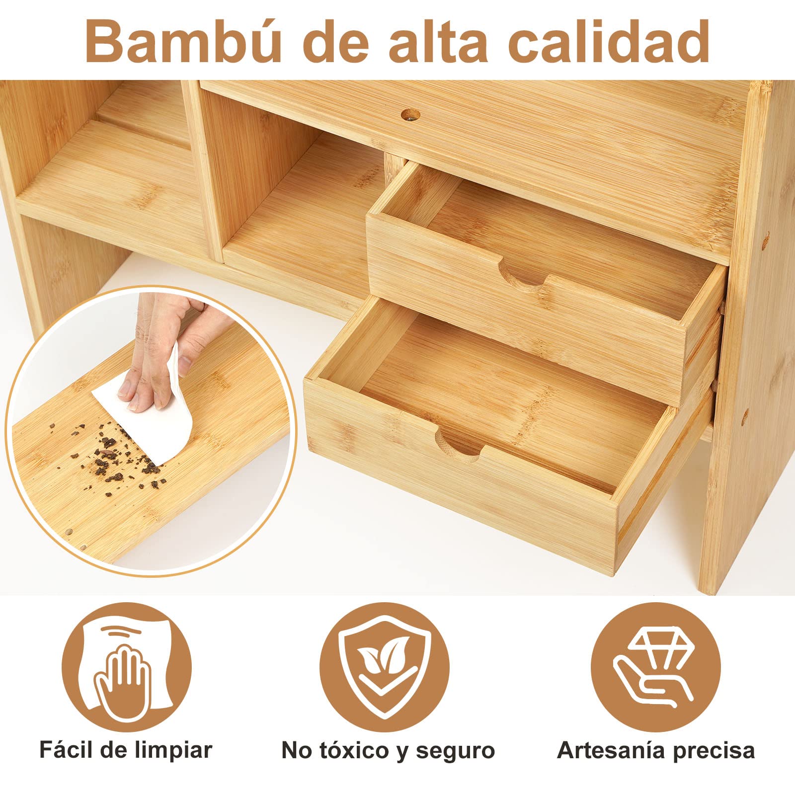 GUUSII HOME Estantería Escritorio Estanteria Pequeña Madera Sobremesa Oficina Organizador Libros con Cajones Estante Livros de Bambú Ajustables Libreria De Pie para Libros