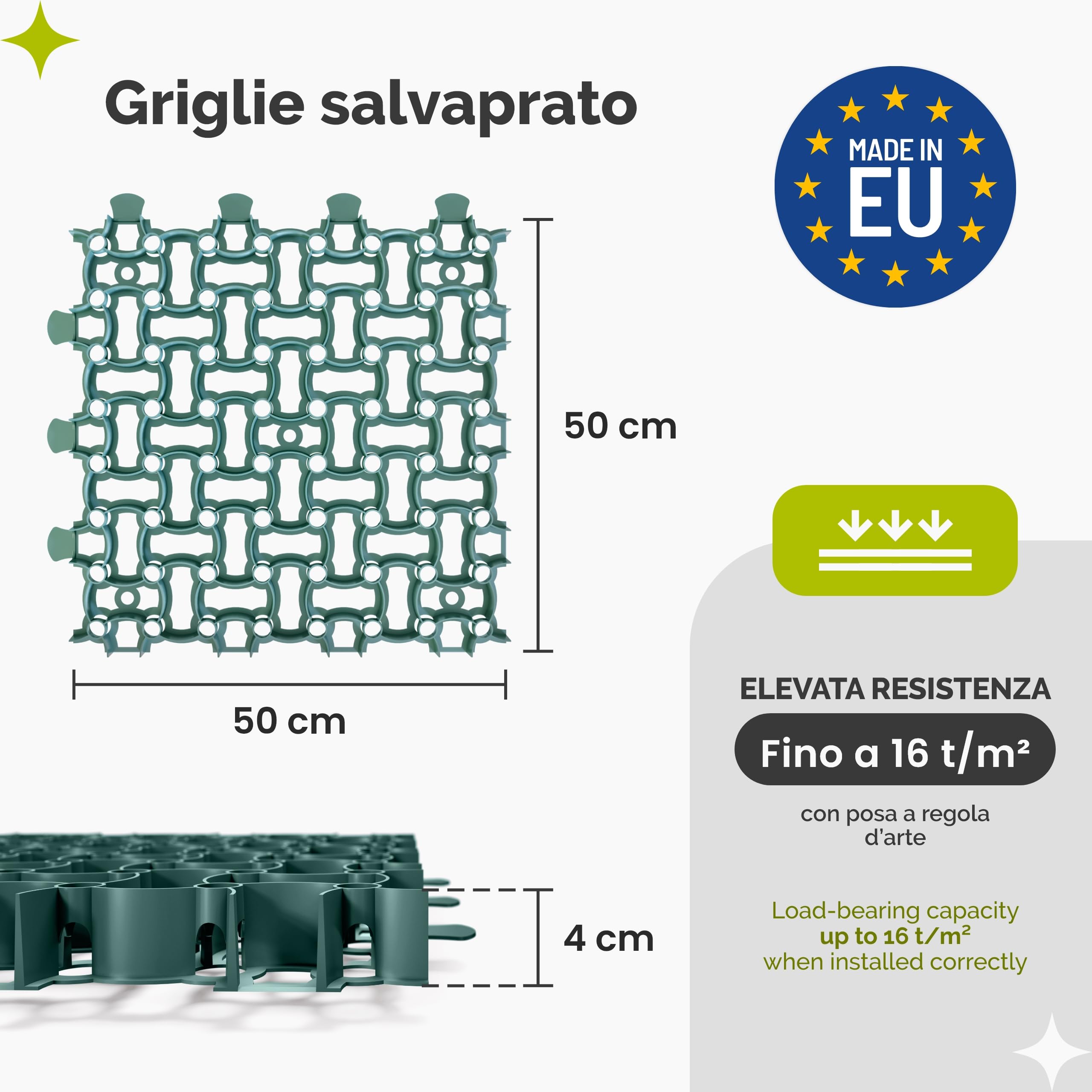 Garronda Griglia Salvaprato Carrabile 10 Pezzi (2,5 m²) 50 x 50 x 4 cm in Plastica Riciclata per Giardino e Ghiaia Modulare Drenante per Parcheggio e Vialetti Resistente 16 t/m² Verde GD-0224