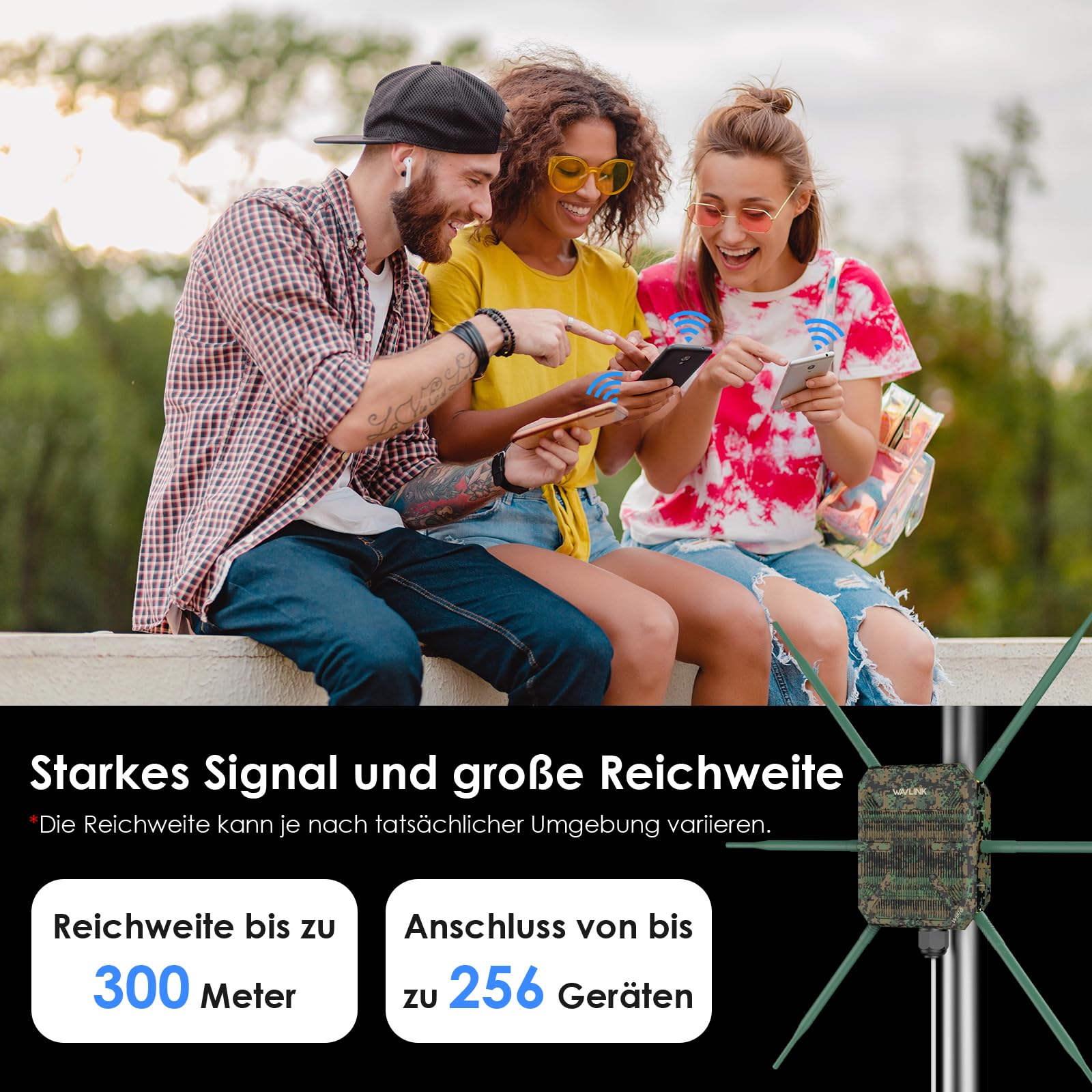 WAVLINK AX3000 Outdoor WLAN Repeater Greenwood, Dual Band Outdoor Access Point WiFi6 (2.4G/573M + 5G/2402M) mit aktivem/passivem PoE, 6x7dBi-Antennen, wetterfestem IP67-Gehäuse, Gigabit WAN/LAN