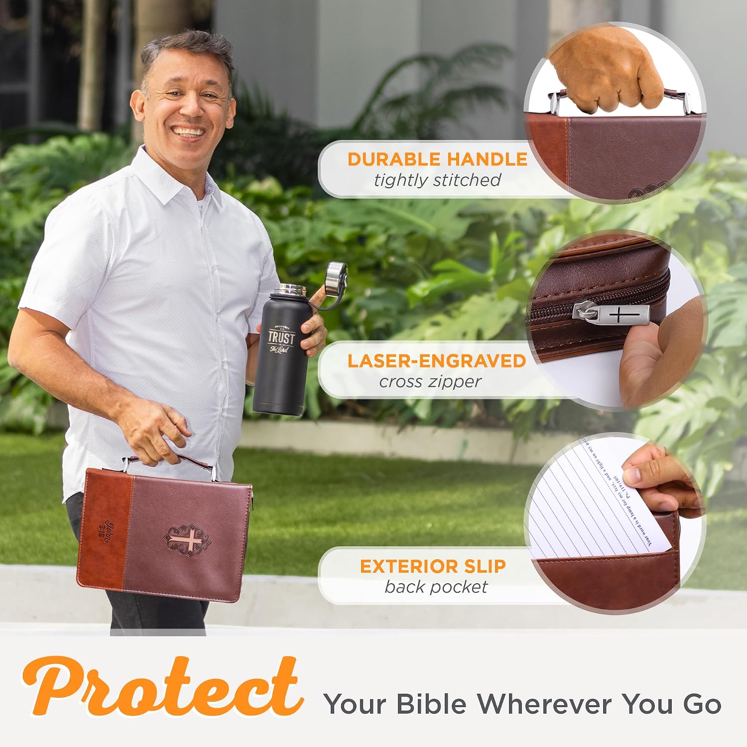 Christian Art Gifts Men's Classic Bible Cover Cross John 3:16, Brown Faux Leather, Medium