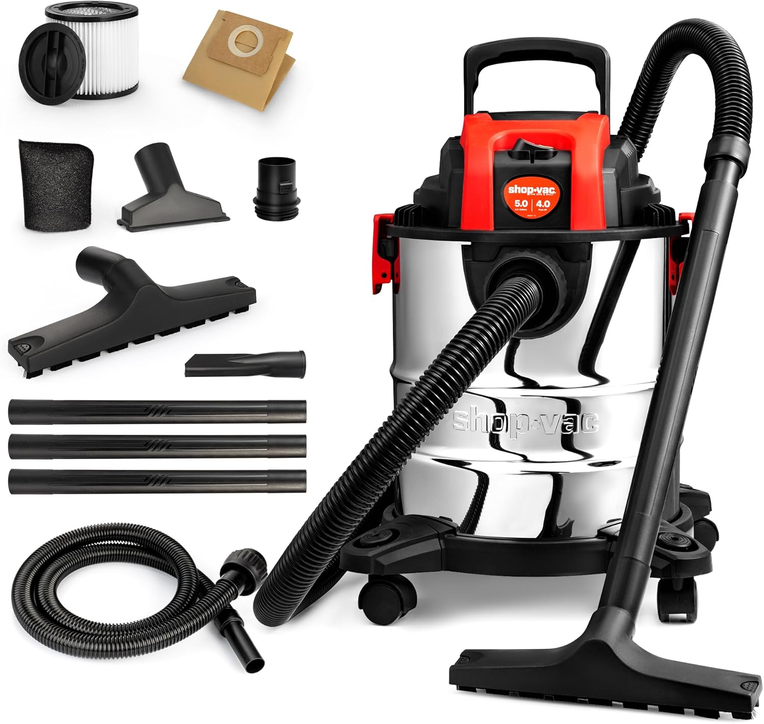 Shop-Vac 5 Gallon 4.0 HP Wet/Dry Vacuum with Blower Function, Stainless Steel Tank, Portable Shop Vacuum with Wheels, Includes Filters, Hose & Accessories, Ideal for Garage and Workshop