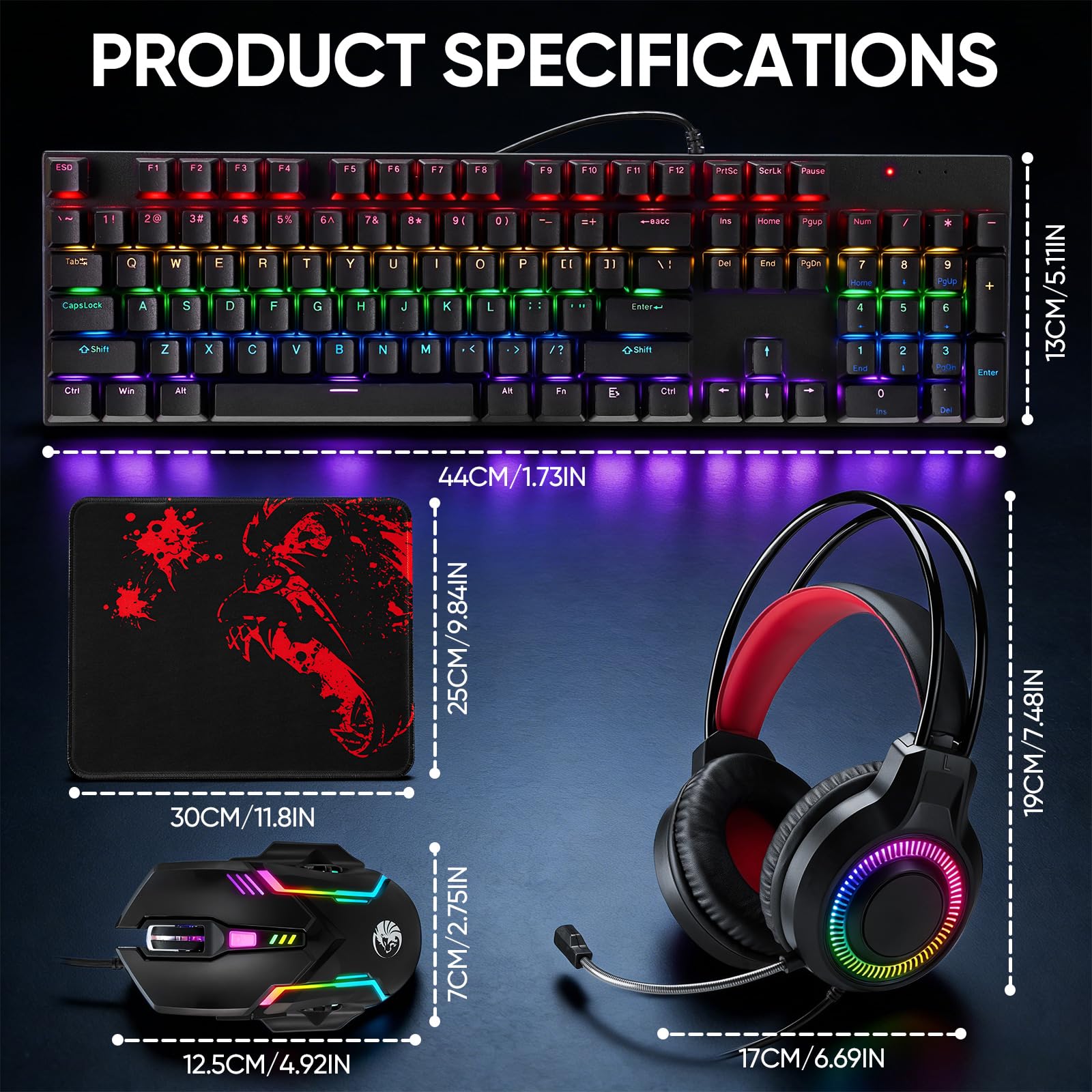 Teclado mecánico para juegos, mouse y alfombrilla de mouse y auriculares para juegos, paquete de retroiluminación LED RGB con cable para jugadores de PC y usuarios de Xbox y PS4, edición 4 en 1