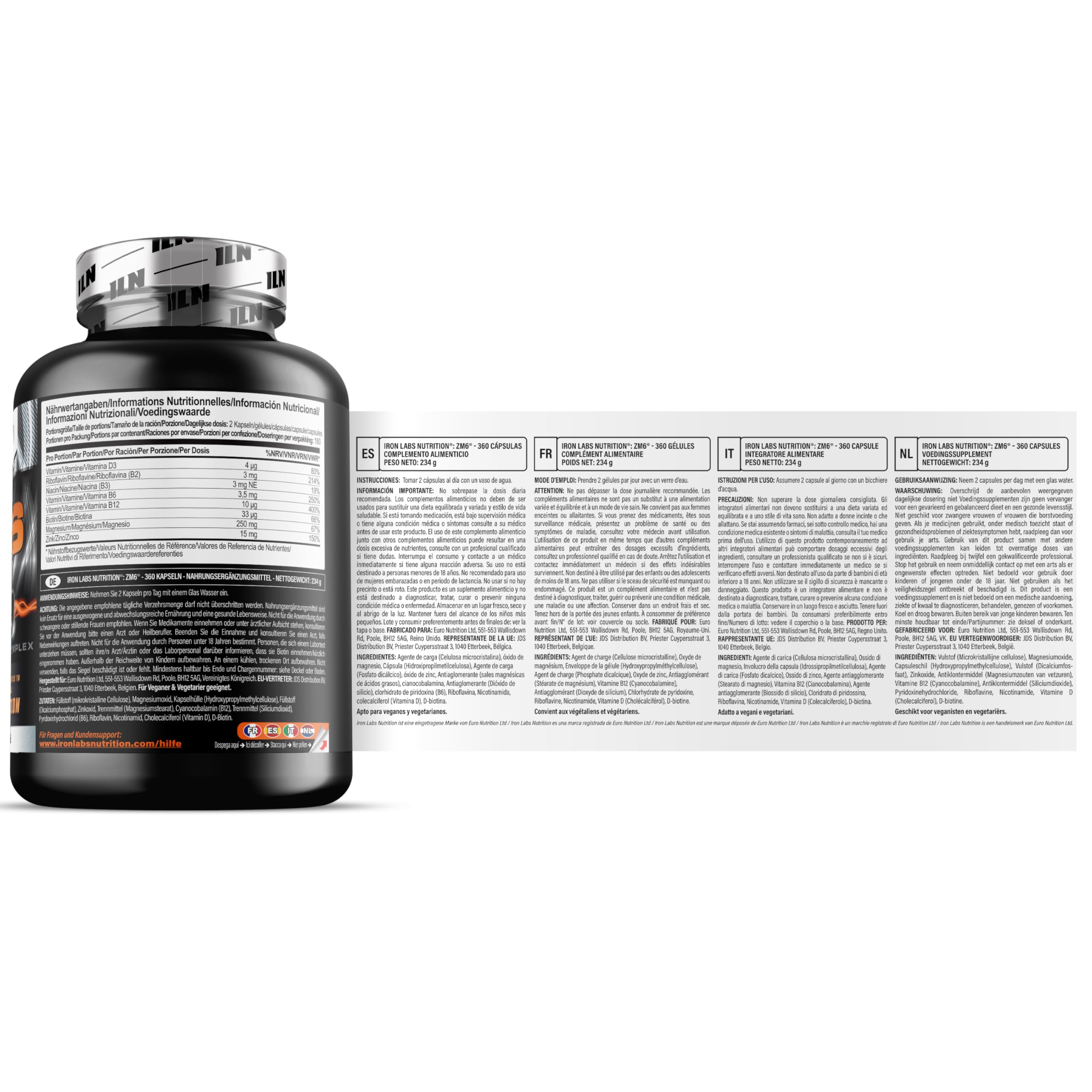 ZM6 - Complément Zinc-Magnésium haute dose - Fonction musculaire normale - 360 gélules véganes