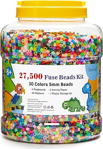 INSCRAFT Kit de 27,500 cuentas fusibles para manualidades infantiles, juego de cuentas de hierro de 30 colores con 3 tableros de clavijas, 5 papel