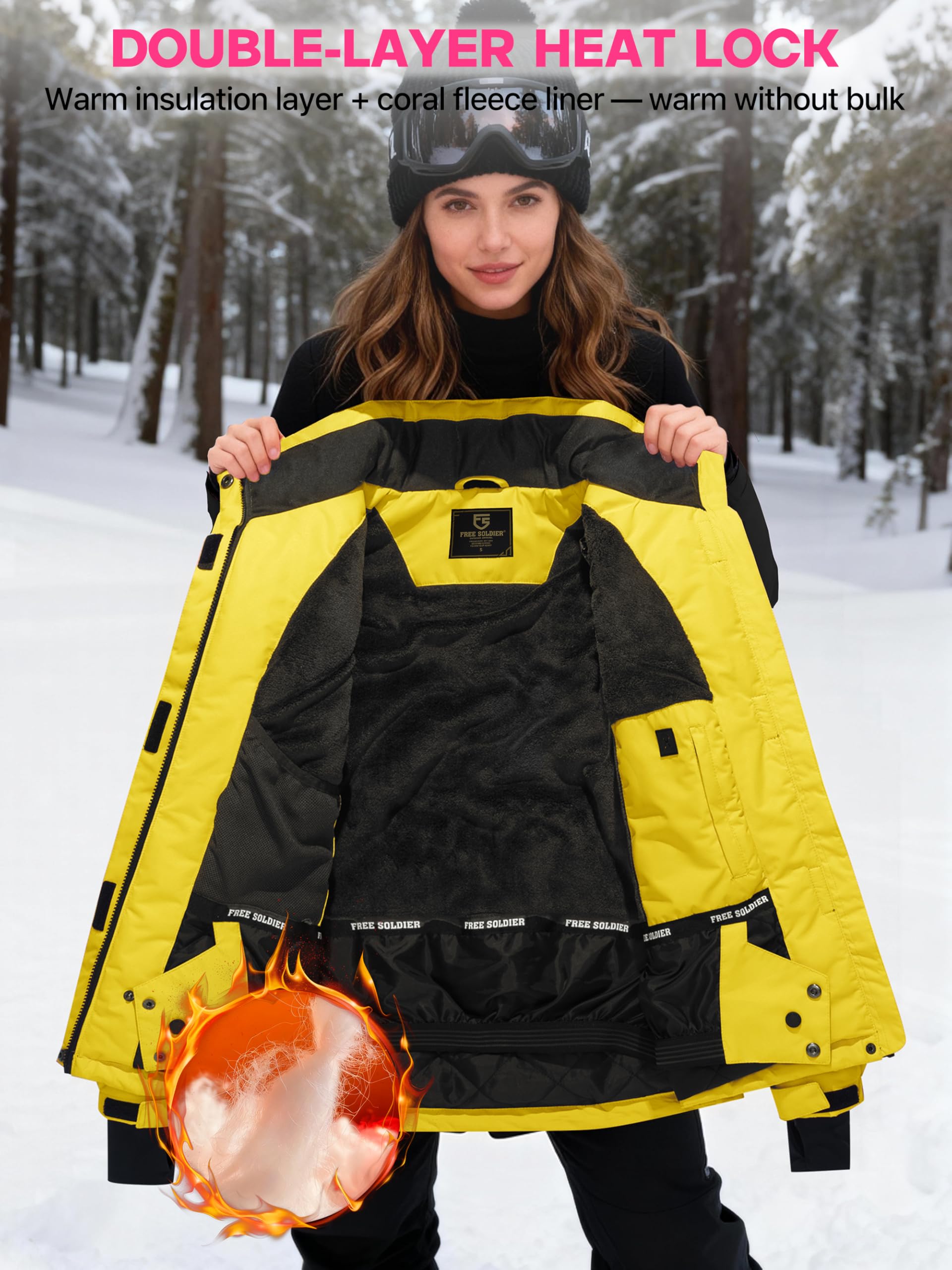 FREE SOLDIER Women's Waterproof Ski Snow Jacket Fleece Lined Warm Winter Rain Jacket with Hood Fully Taped Seams