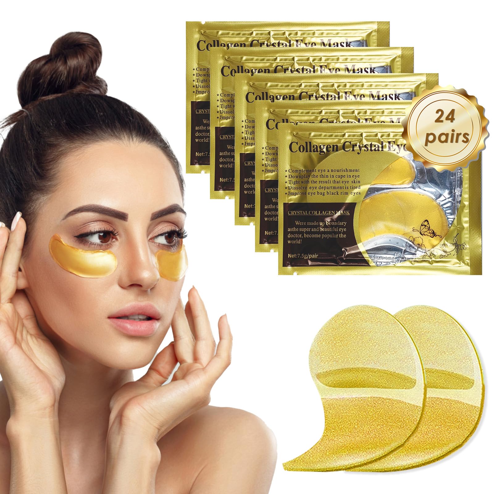 24 Pares Máscara para los Ojos De Colágeno,Parches Ojos Bolsas y Ojeras,Collagen Skin Care Eye Mask,para ojos, antiarrugas, hidratante para las arrugas debajo de los ojos(24K Gold)