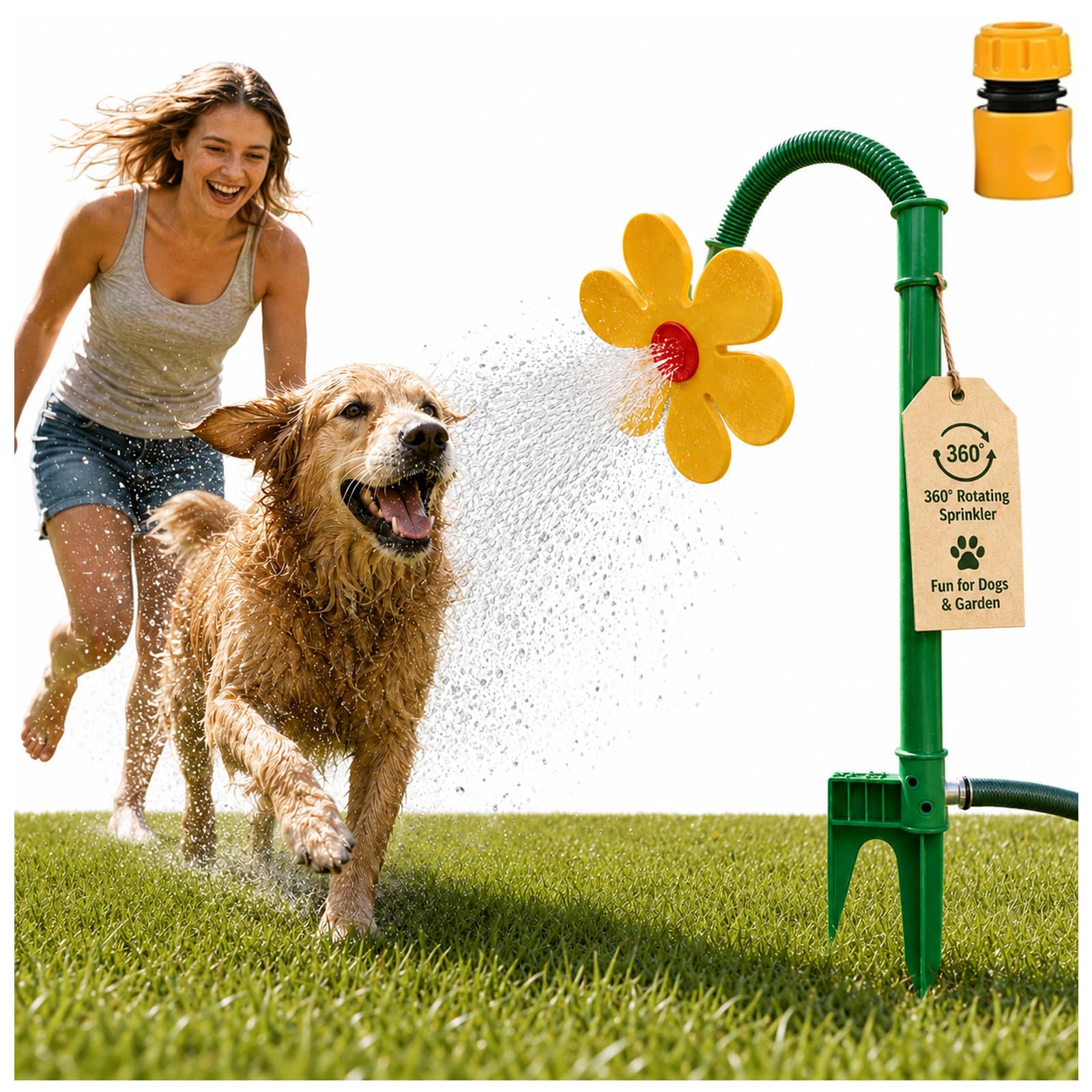 Pet Flower Sprinkler, Dancing Flower Water Sprinkler for Dogs, 360° Rotating Garden Sprinkler for Lawn Watering, Outdoor Watering Tool for Garden, Lawn, Flowerbeds, Patio (Yellow)