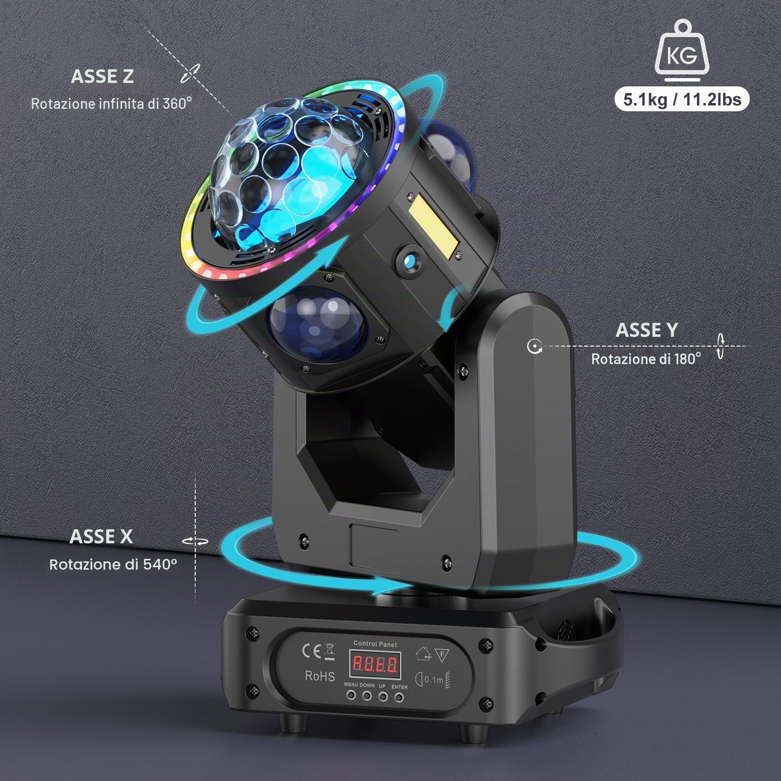 2PCS 150W Teste Mobili LED RGBW DJ Luci 3 assi Rotazione infinita Luci da Discoteca Stroboscopica per Feste Natale Spettacolo Bar Club Palcoscenico