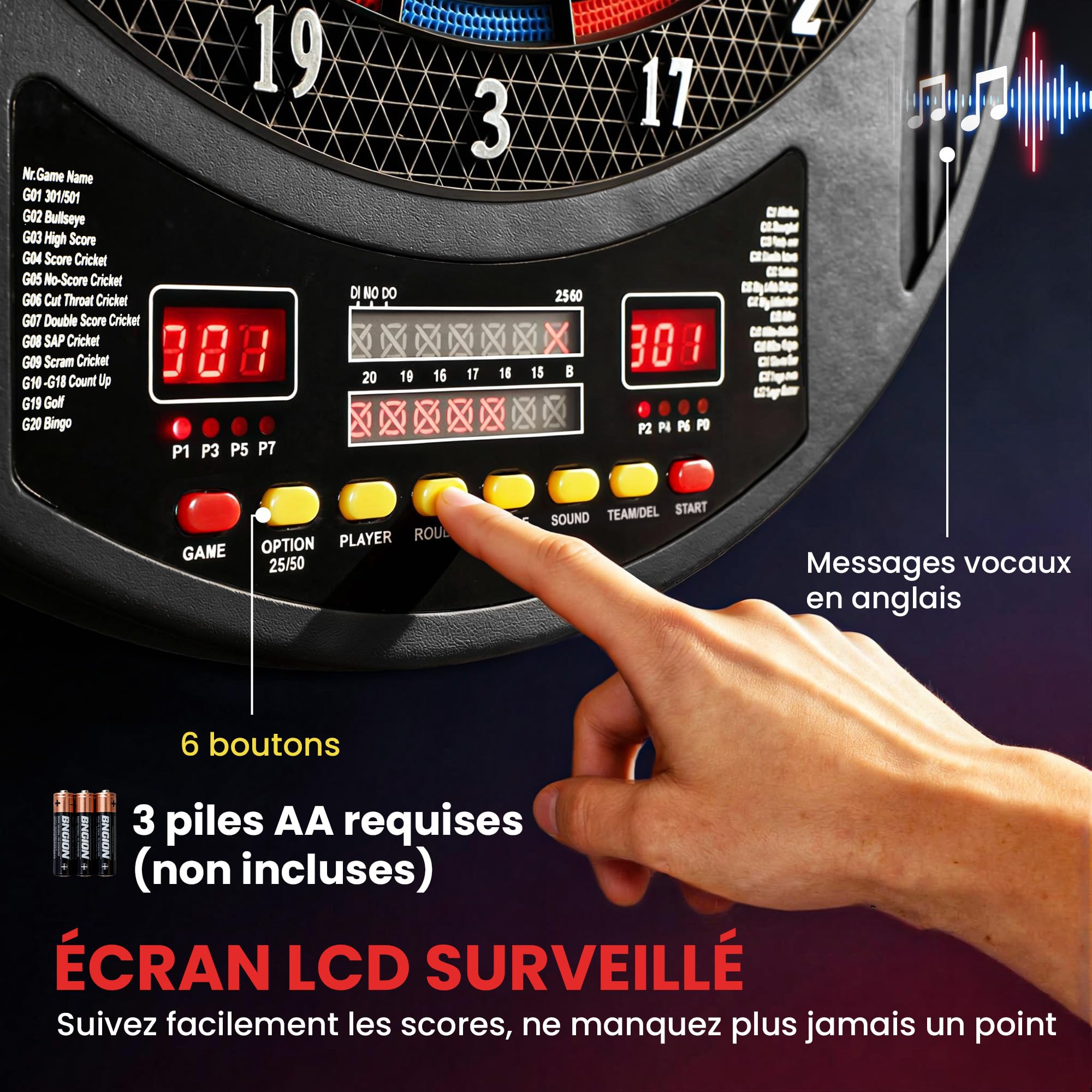 SPORTNOW Cible de fléchettes électronique à Pointe Souple avec Double écran LED, 6 fléchettes, 24 Pointes de Rechange, 33 Jeux, 202 Variantes, pour 8 Joueurs