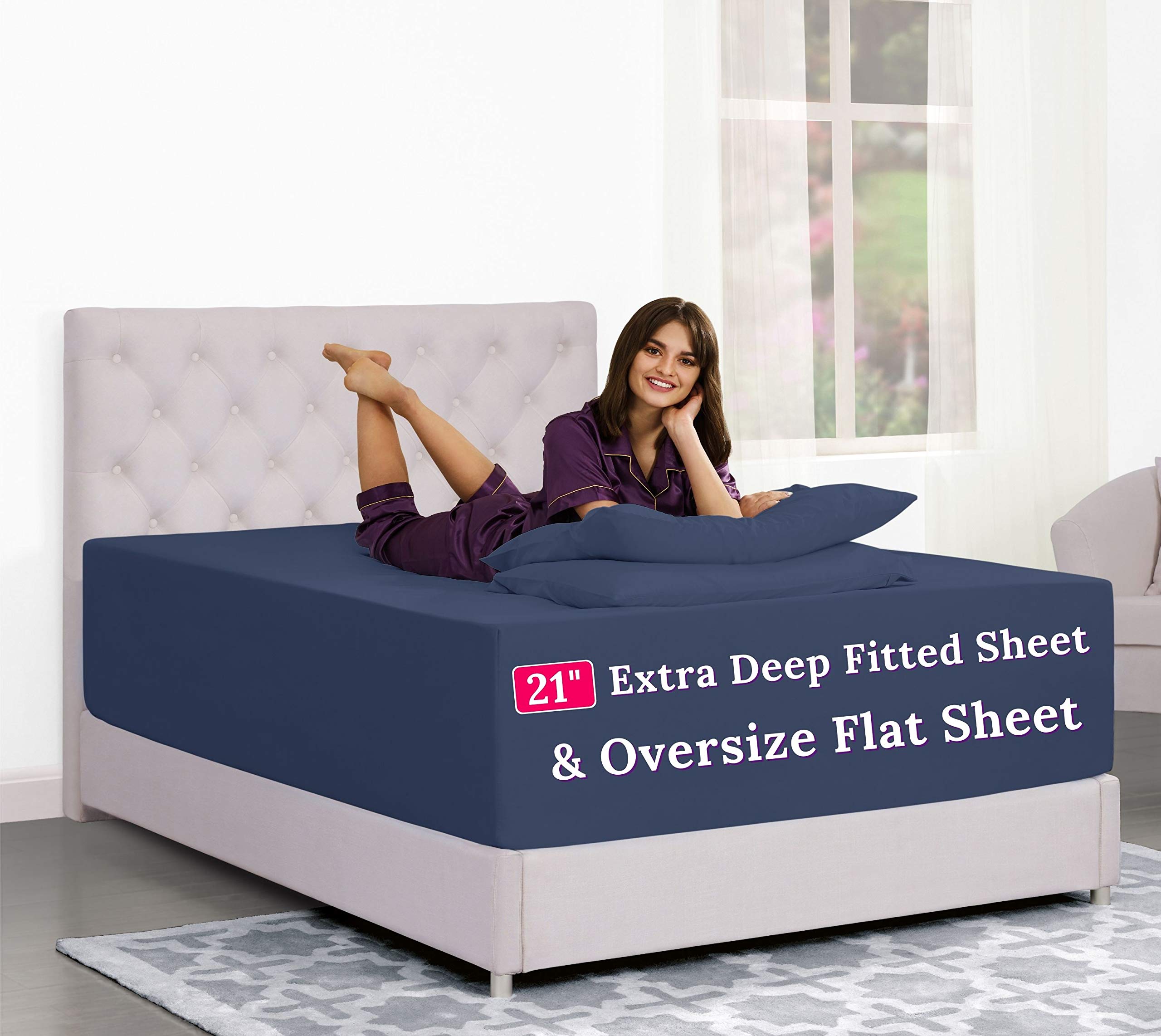Extra Deep Pocket King Bed-Sheets – 4-Piece Includes: 18”-21” Inch Super Extra Deep Pocket Fitted Sheet – Oversize Flat Sheet – 2 Zipper Closure Pillowcases – Perfectly Fit – King Size – Navy Blue