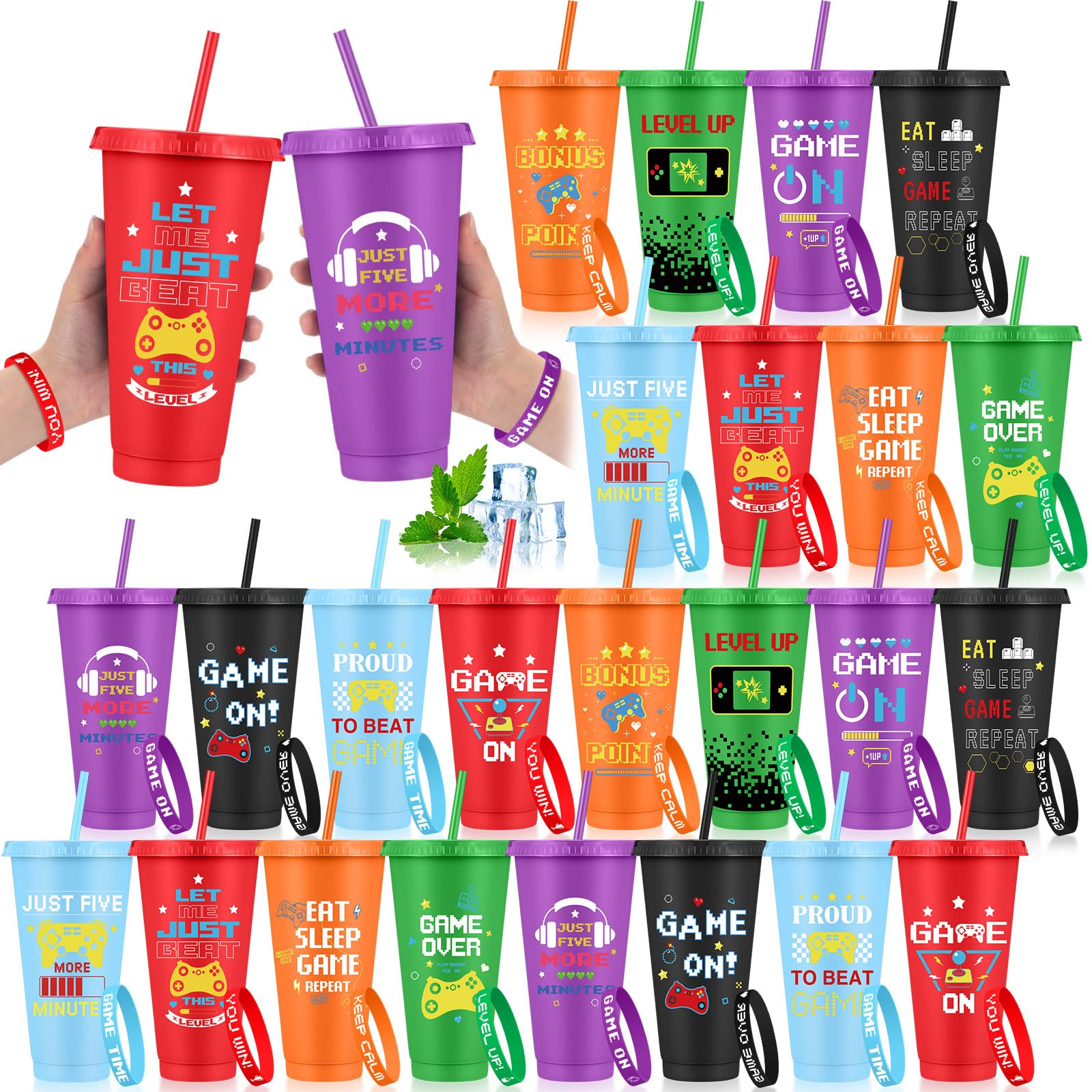 Jingmore 24 Set/48 Pcs Video Party Favors Set Include 24oz Video Plastic Cups with Lids & Straws and Silicone Bracelets Wristbands Birthday Party