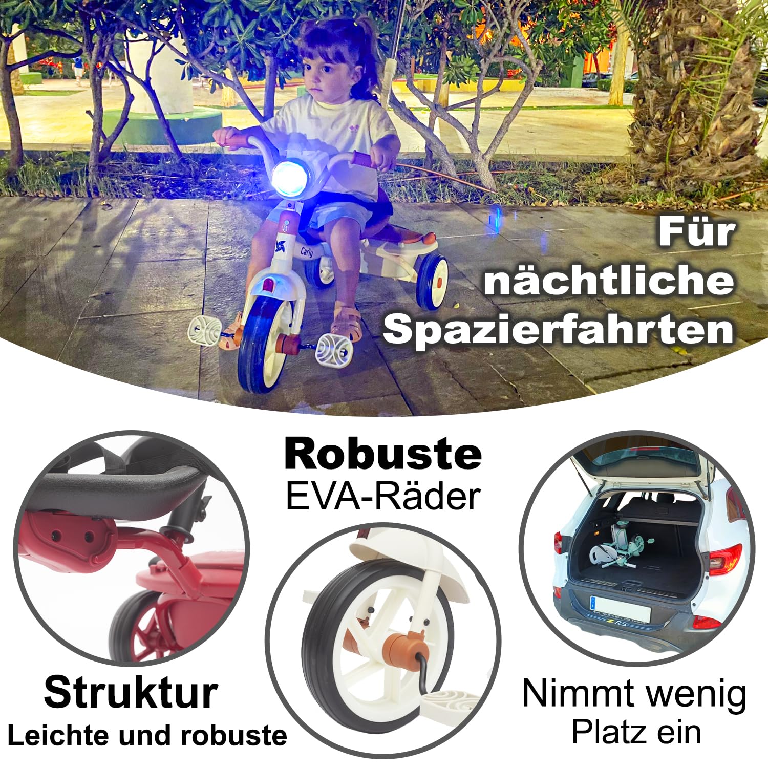Twinly Evolutionäres Baby-Dreirad, faltbar, für Kinder von 1-5 Jahren, leicht und kompakt, Lenker mit Licht und Sound, Korb und verstellbarer Schiebestange Carly (Minze)