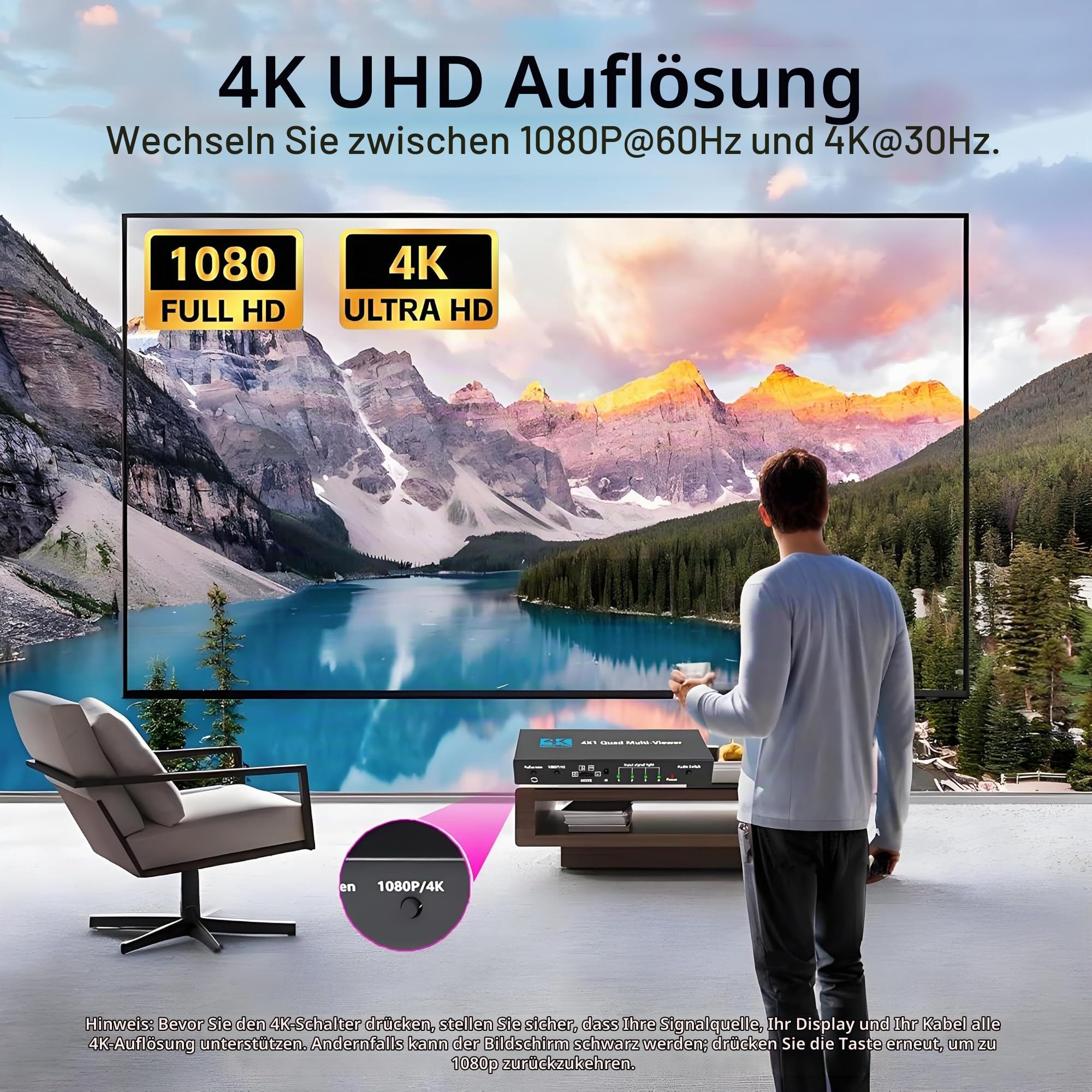 HDMI Multi-Viewer 4X1, Nahtloser Switcher 4 in 1 Out, Quad Multi Viewer Switcher mit IR-Fernbedienung, unterstützt 4K@30Hz, 1080P@60Hz, 5 Anzeigemodi Multiviewer Switch für kameras, Spielkonsolen
