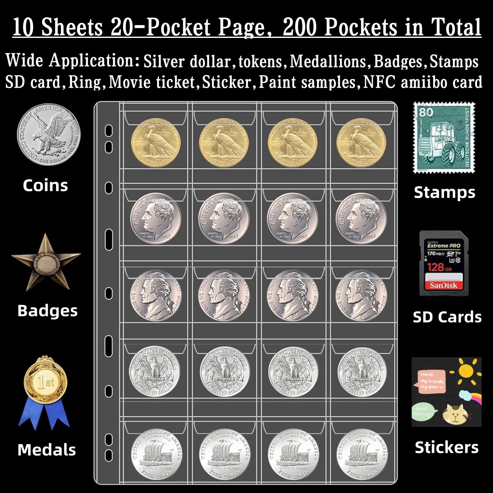 10 Sheets Coin Collection Pages, Coins Pocket Page with 200 Pockets - Image 2