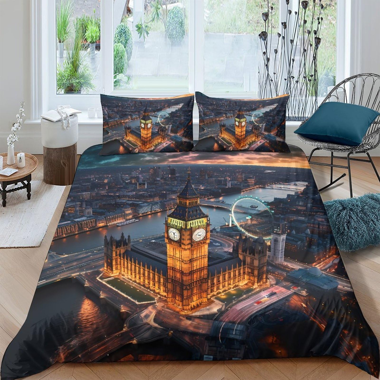 Ctjqhvkz Style-1 3D Printed London Night View Fitted Sheet Microfiber Soft Breathable Cityscape Bed Cover For Bedroom Dorm Decor Single（135X200cm）