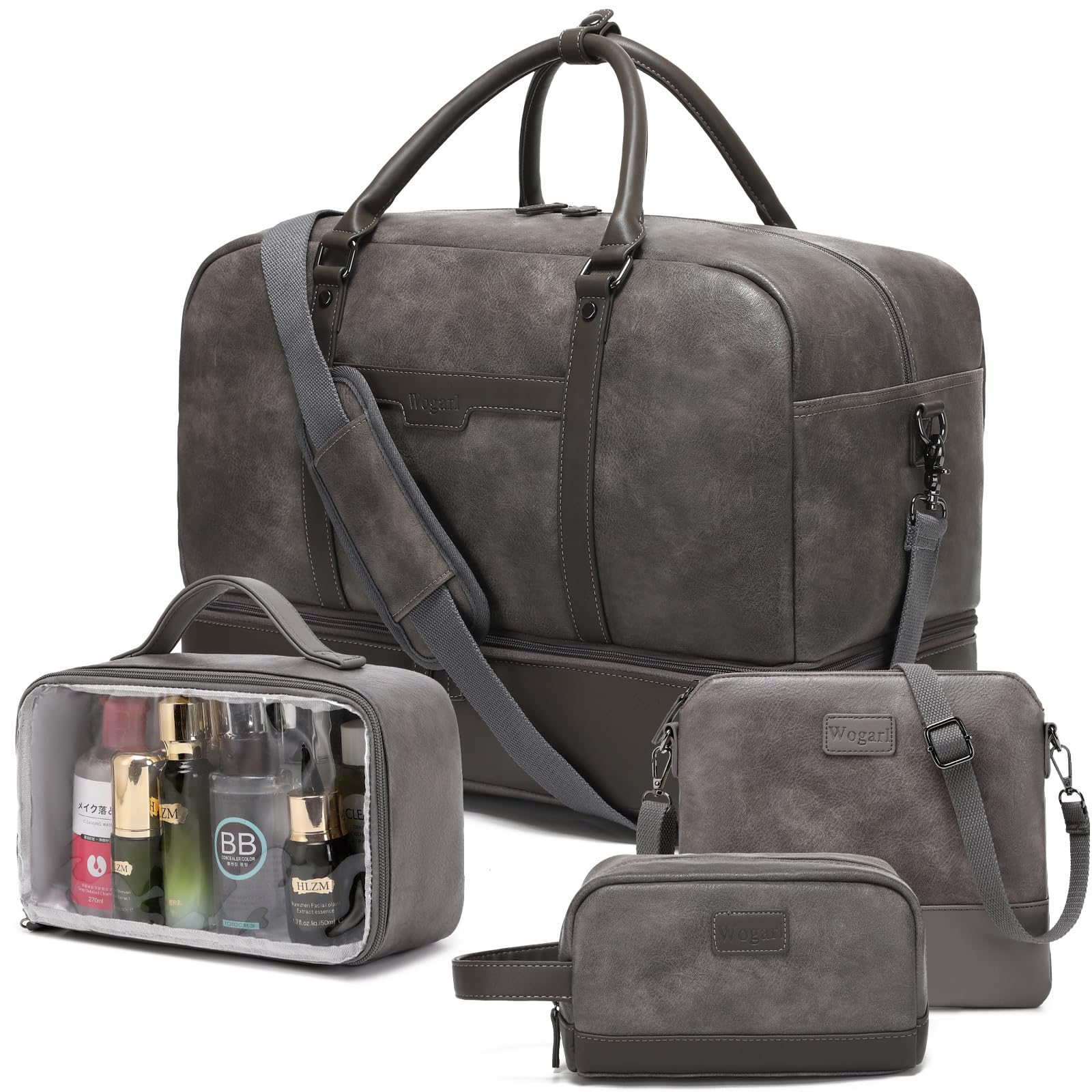 Wogarl 4PCS Leather Weekender Bag for Women Men Large Overnight Bag Travel Duffel Bag with Shoe Compartment Toiletry Satchel Bag Carry On Bag Fit 21" Laptop(Grey)