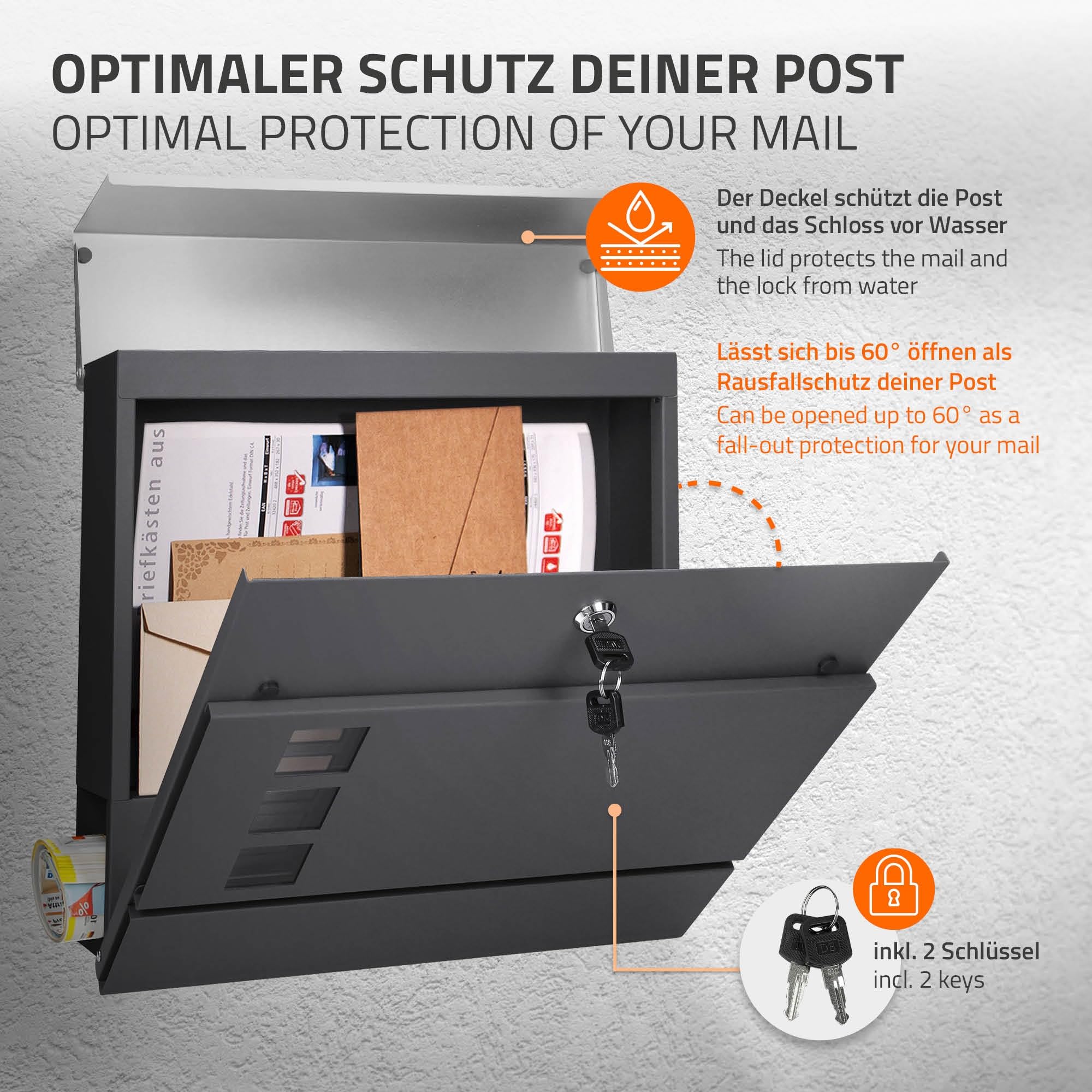 ECD Germany Buzón Correos Exterior Diseño Moderno de Pared con 3 Ventanas de Observación Compartimento para Periódicos 37x10,5x36,5 cm Acero Plata/Antracita Incl. 2 Llaves con Material de Montaje
