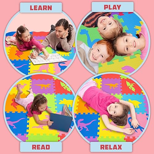 Miniatura 7 de ToyVelt - Tapete de espuma con rompecabezas para niños 48x48-25, alfombra de juego entrelazada con dinosaurios multicolor azulejos de espuma con