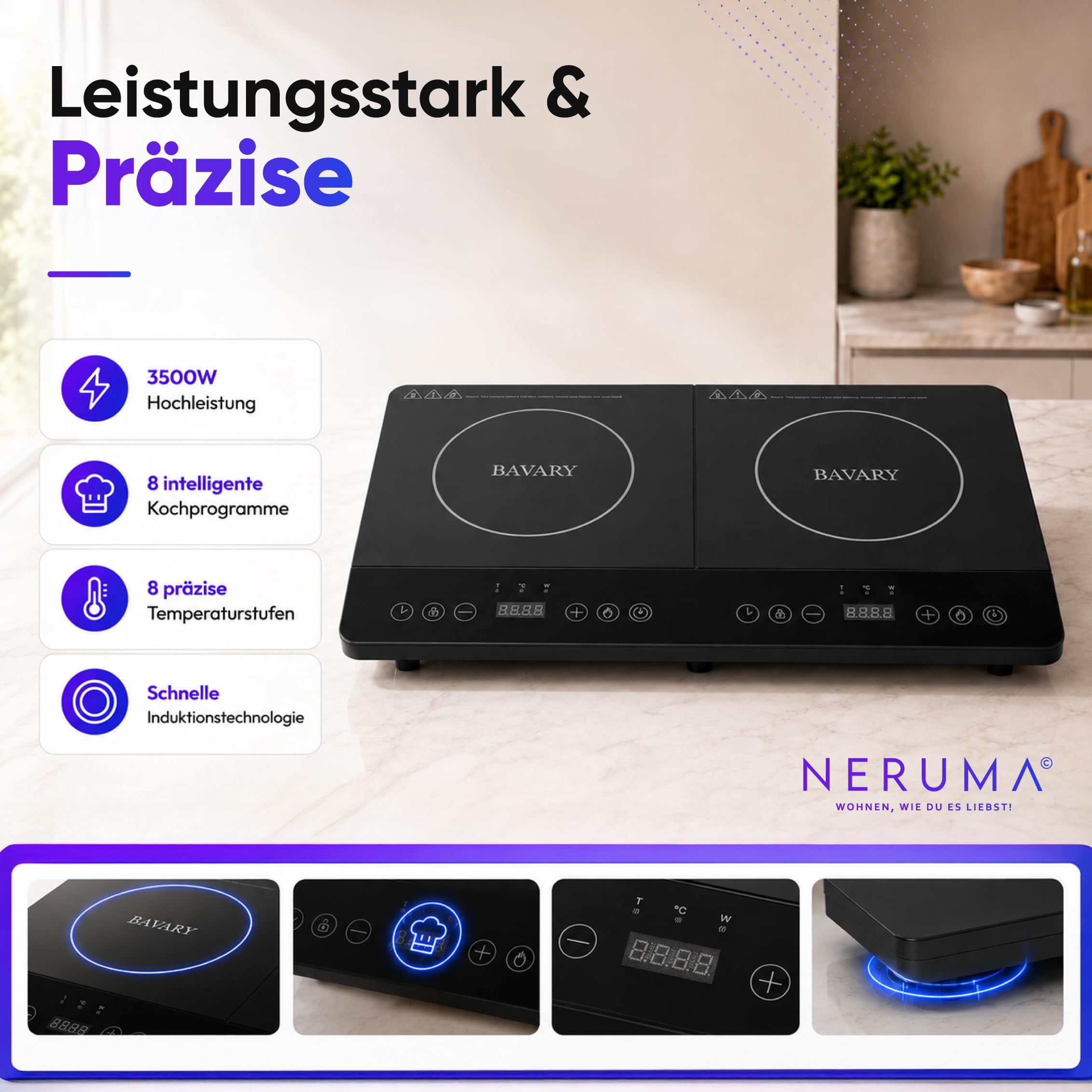 Induktionskochfeld 2 Platten 3500W – Doppel Induktionskochplatte Tragbar mit Touch Display, 8 Kochprogrammen & Kindersicherung, Mobile Kochplatte für Camping & Küche