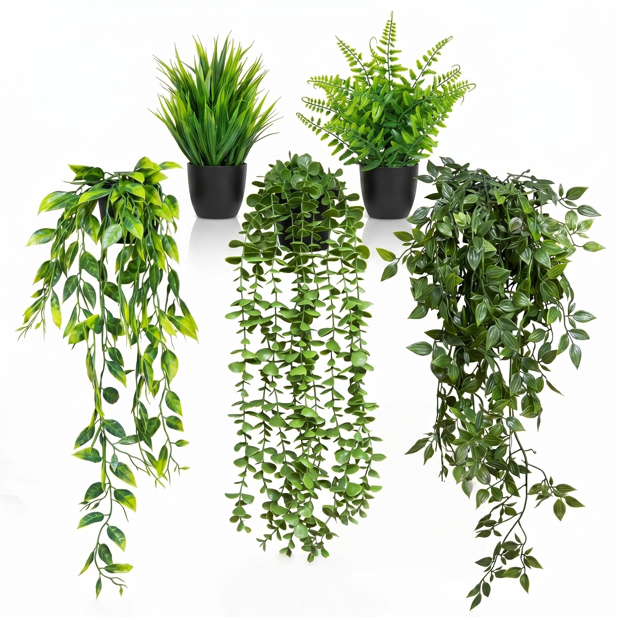 Photo 1 of GOEJGSDJ 5 Pack Fake Plants - Artificial Hanging Plants & Small Potted Faux Eucalyptus Fern Ivy, UV Resistant Maintenance-Free, for Shelf Wall Desk Home Office Bathroom Indoor Outdoor Decor