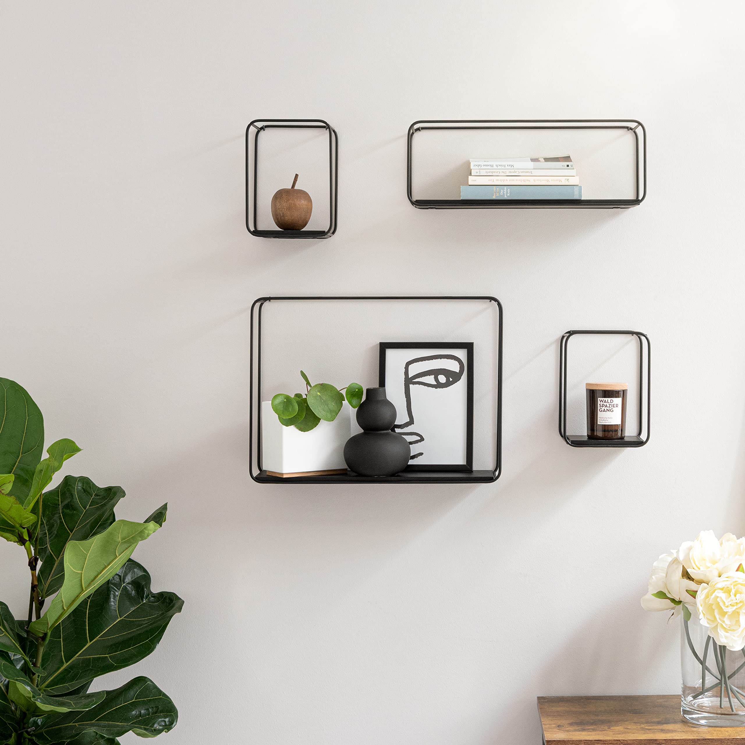 Kazai. Mensole da Muro Design -Jona- | Scaffale Metallo a 4 Parti con Impiallacciatura in Vero Legno | Decorazione della Parete, Libreria Scaffale, per Camera da Letto, Bagno, Cucina | Quercia, nero